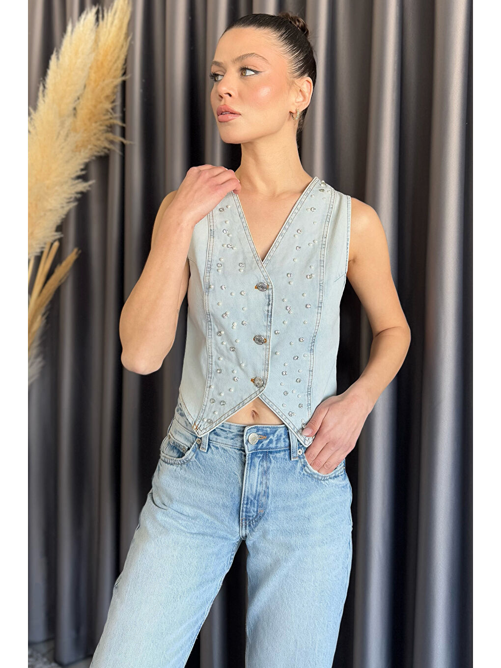 Mavi Kadın Taşlı Jean Yelek-1