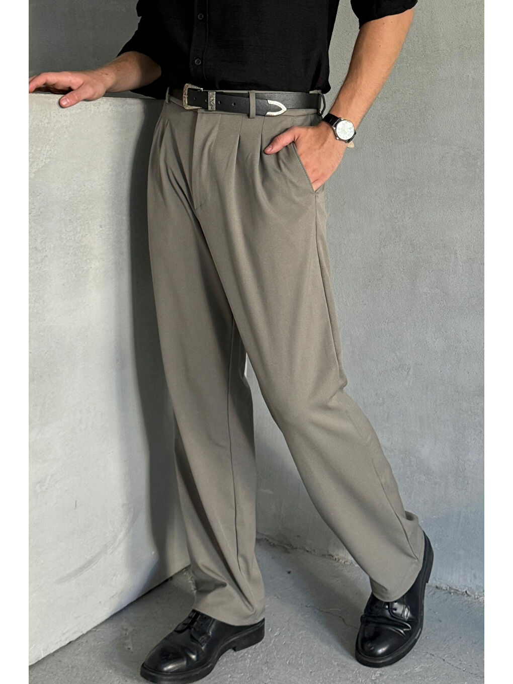 Yeşil Erkek Pileli Baggy Kalıp Kumaş Pantolon-3