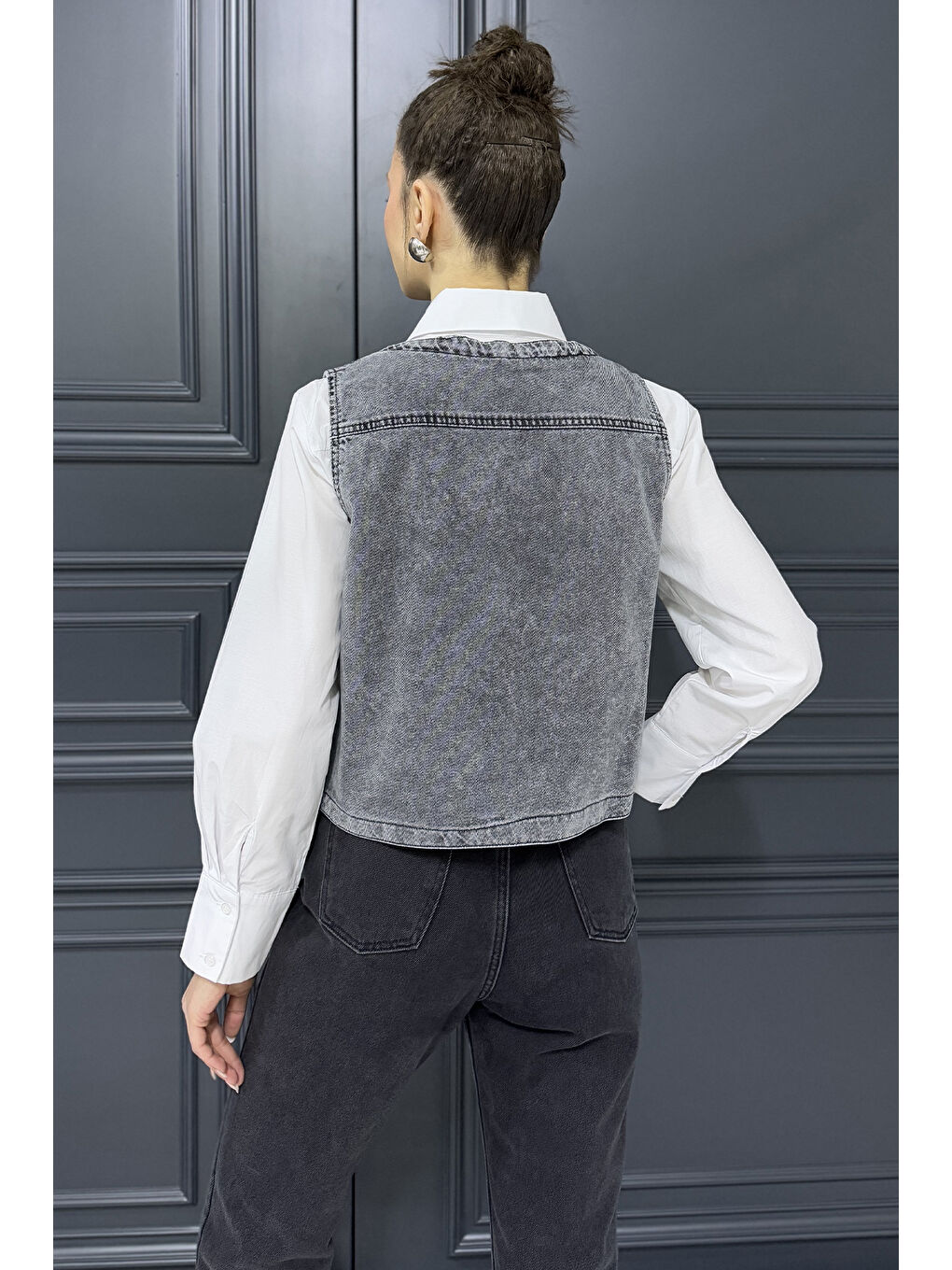Antrasit Kadın Cepli Jean Yelek-2