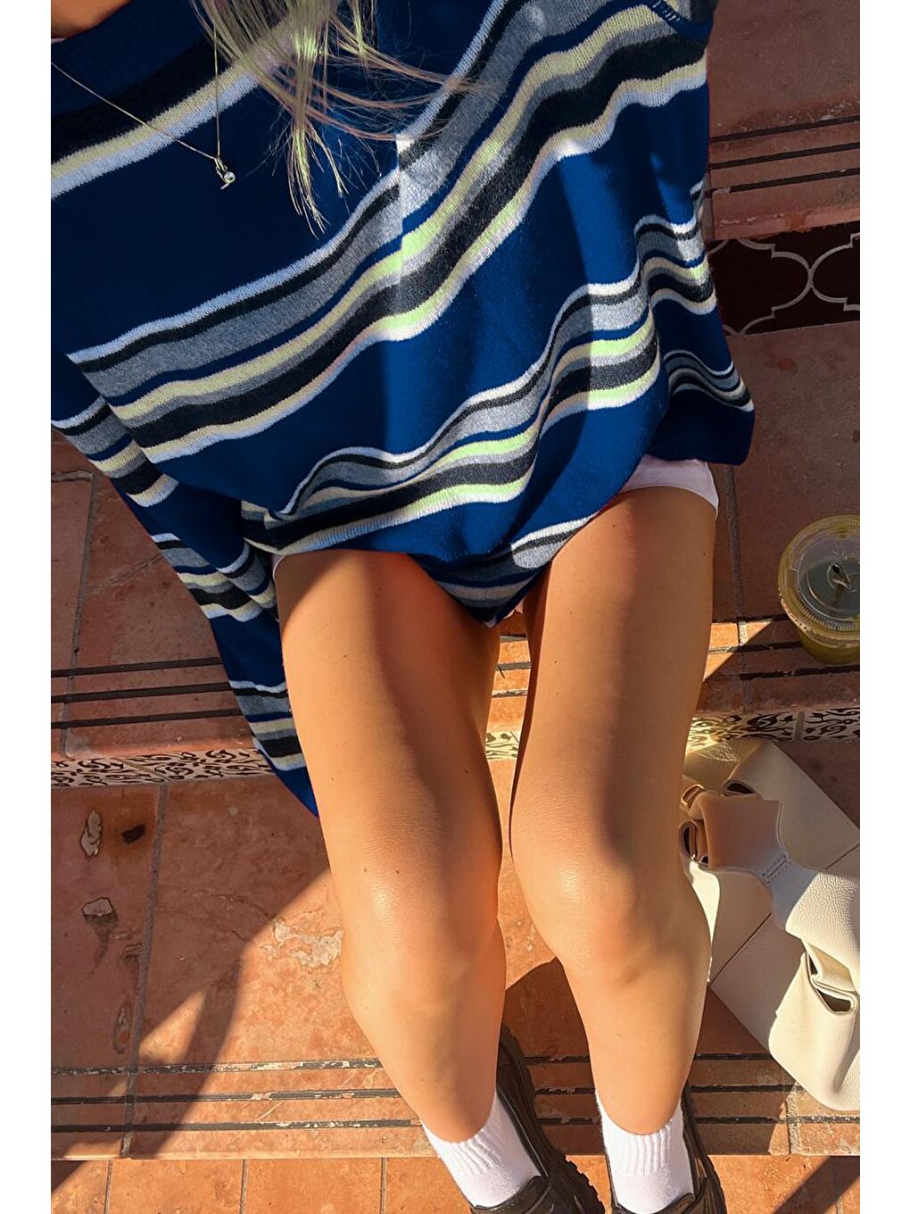 Lacivert Bisiklet Yaka Çizgili Kadın Kazak Mg2599-3