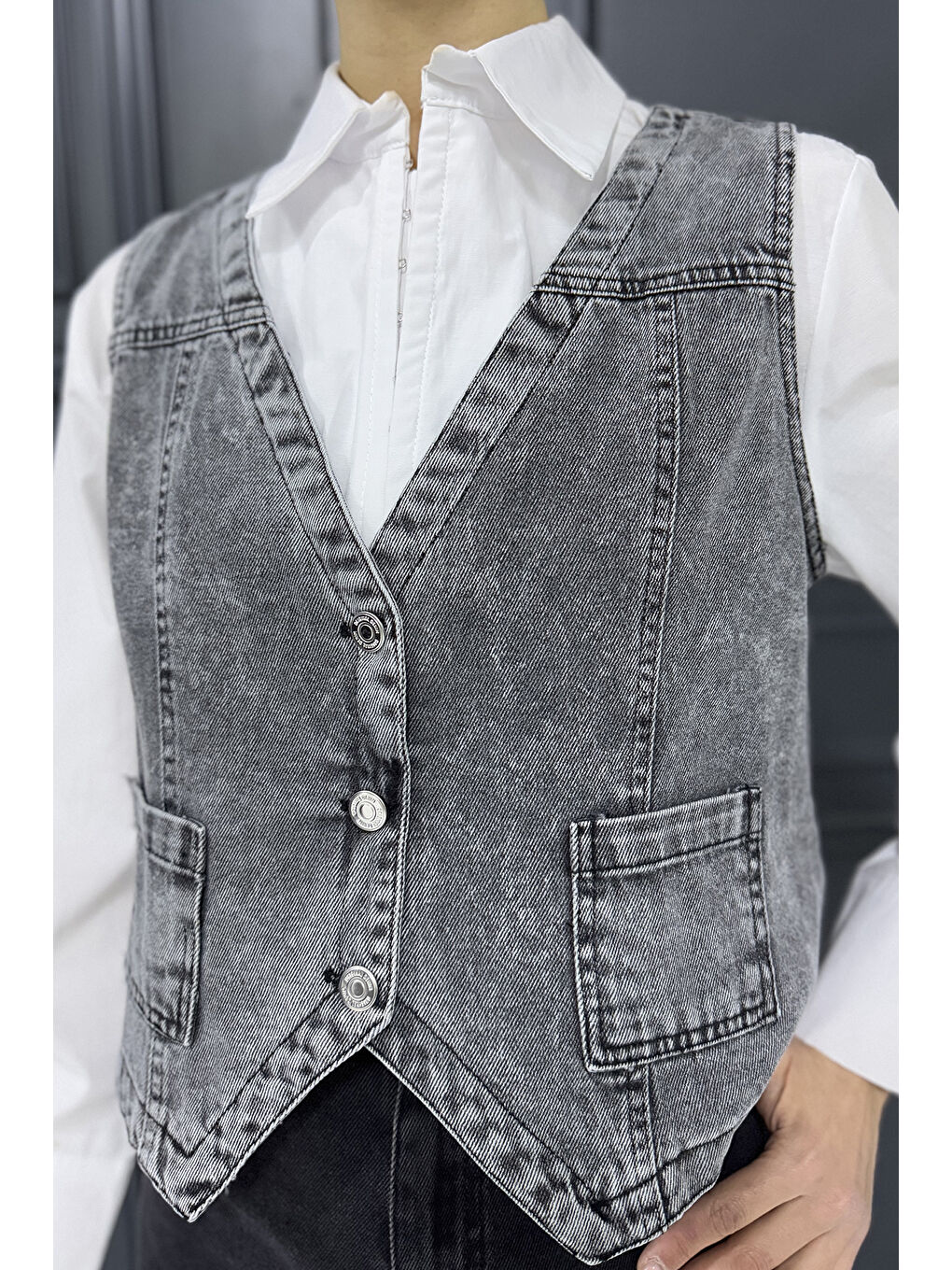 Antrasit Kadın Cepli Jean Yelek-3