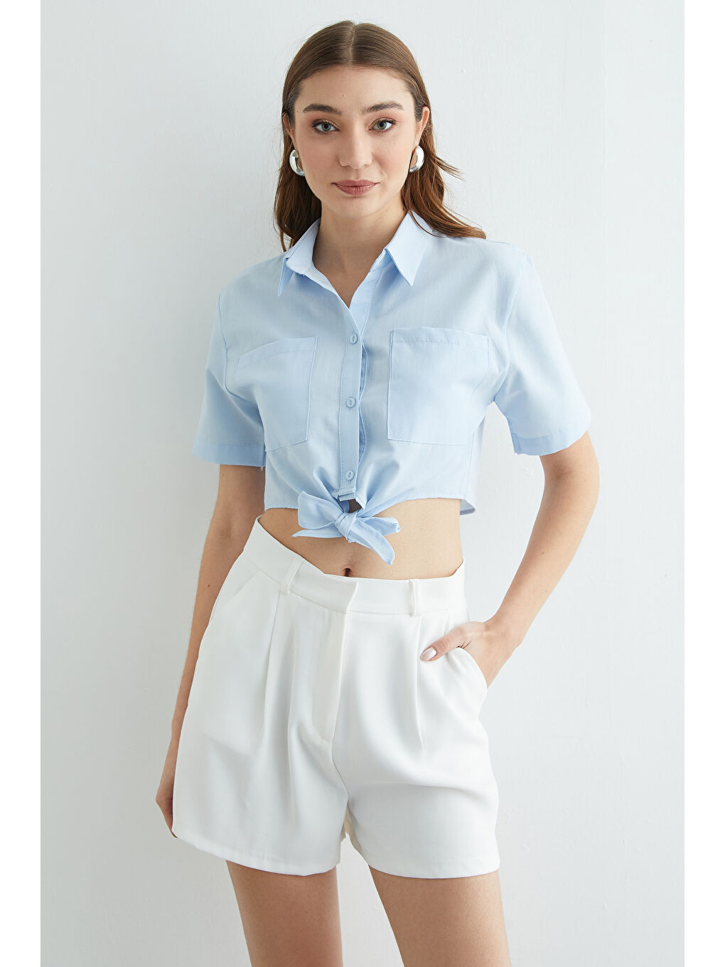 Mavi Önü Bağlamalı Çift Cepli Crop Gömlek-4