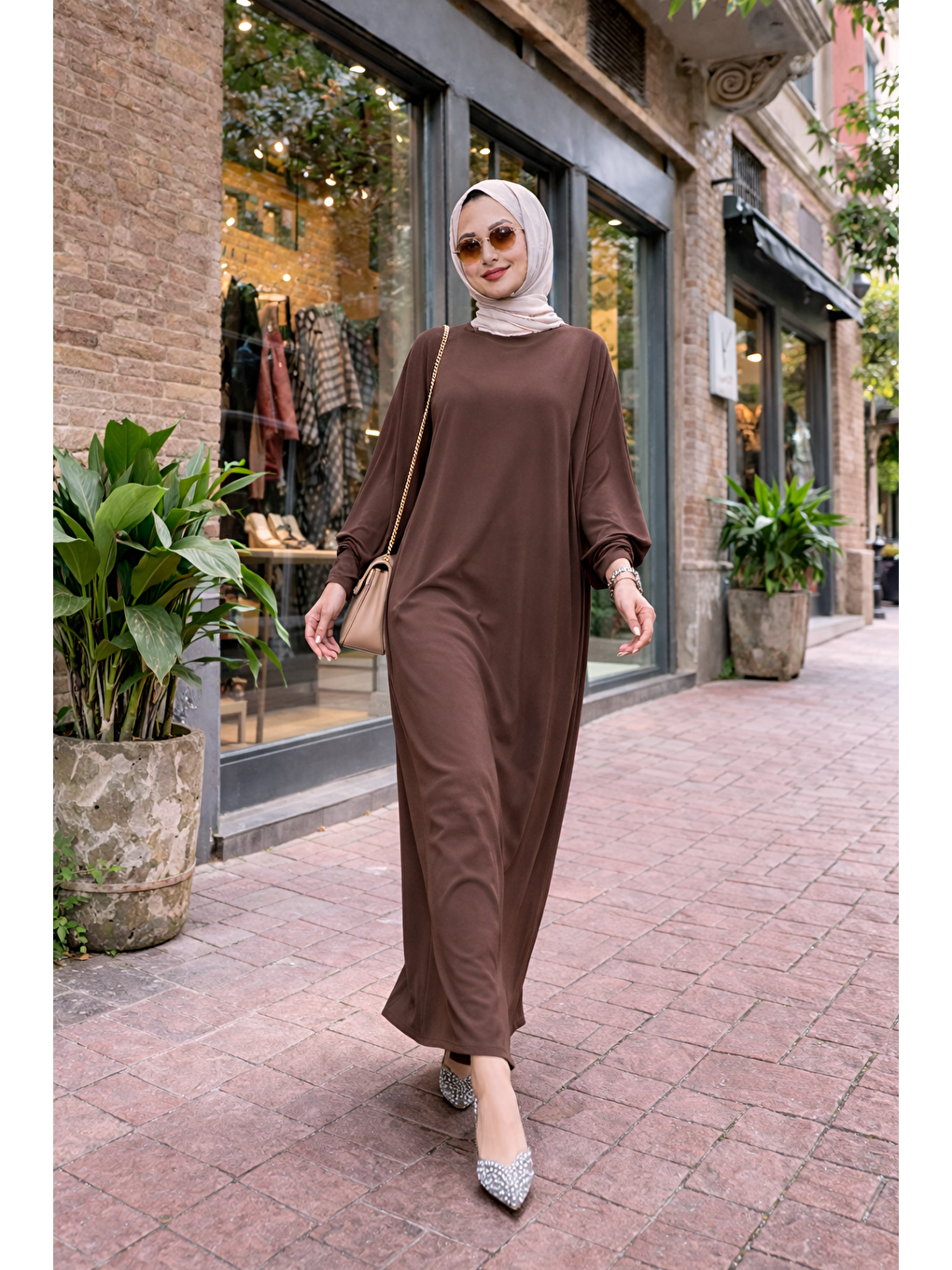 Kahverengi Kadın Premium Comfort Uzun Kahve Namaz Elbisesi-3