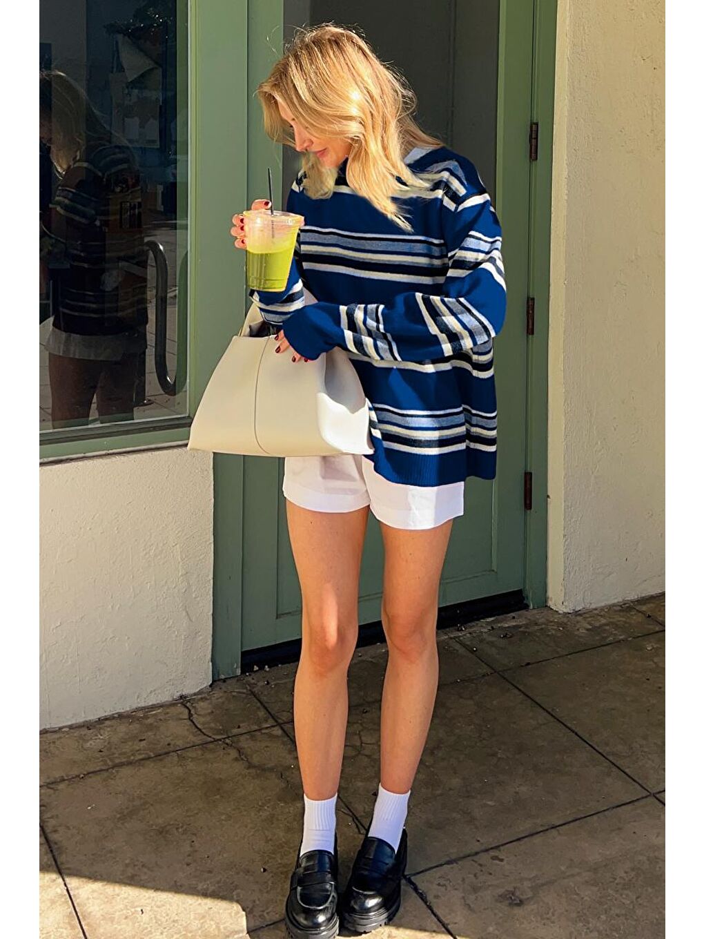 Lacivert Bisiklet Yaka Çizgili Kadın Kazak Mg2599-4