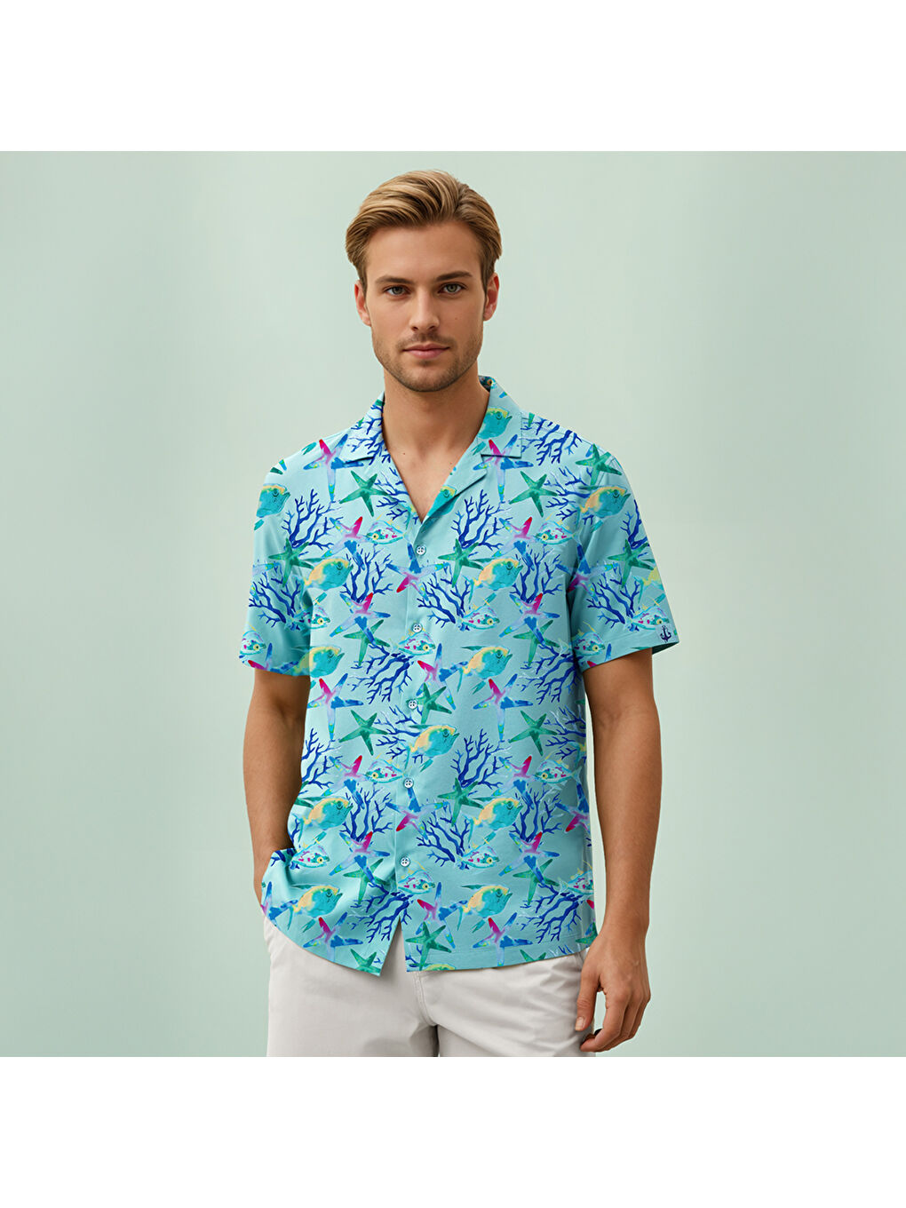 Karışık Akvaryum Desenli %100 Viskon Yumuşak Nefes Alabilir Kumaşlı Erkek Gömlek-4
