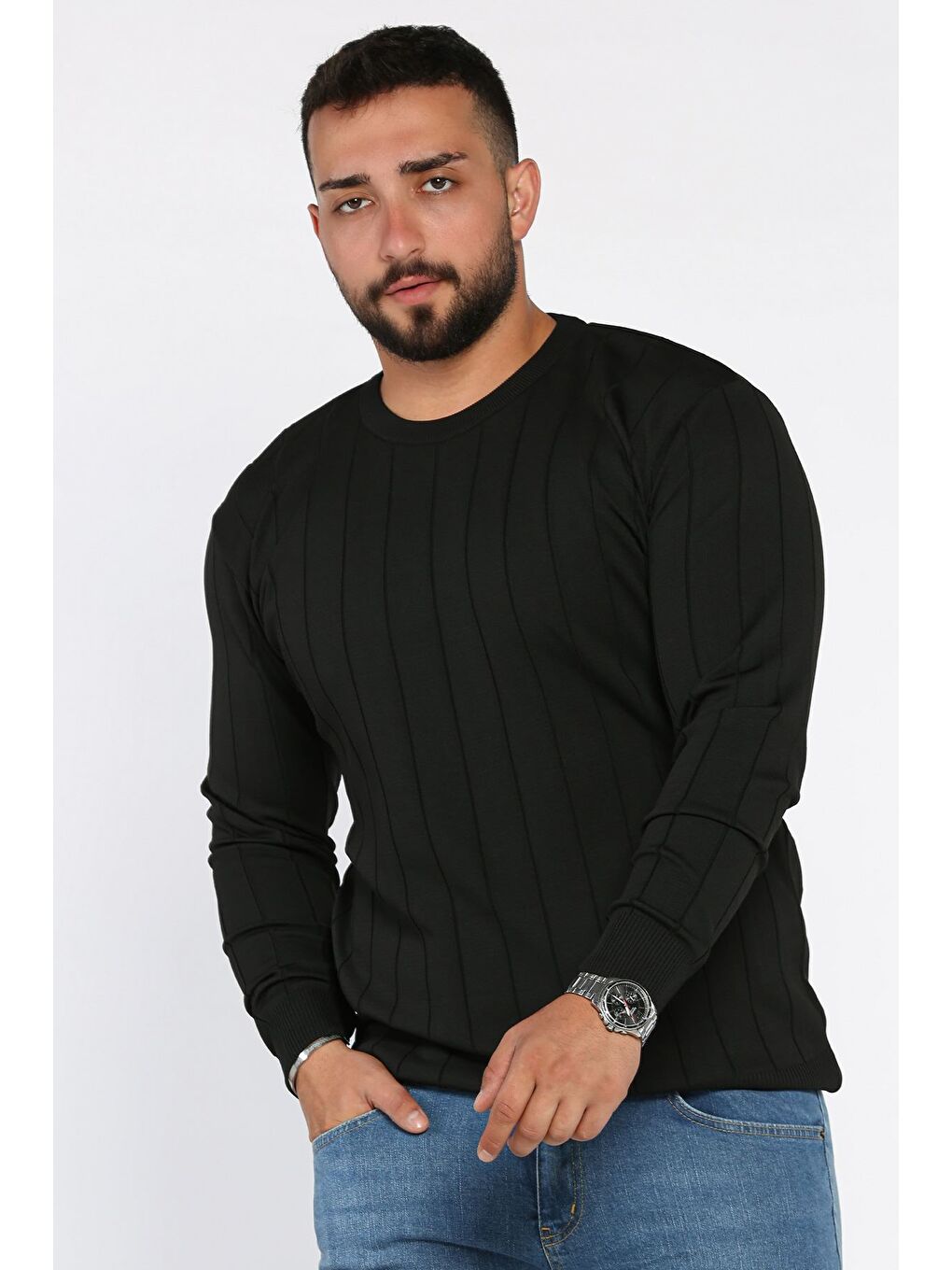 Siyah Bisiklet Yaka Desenli Erkek Triko Kazak-1