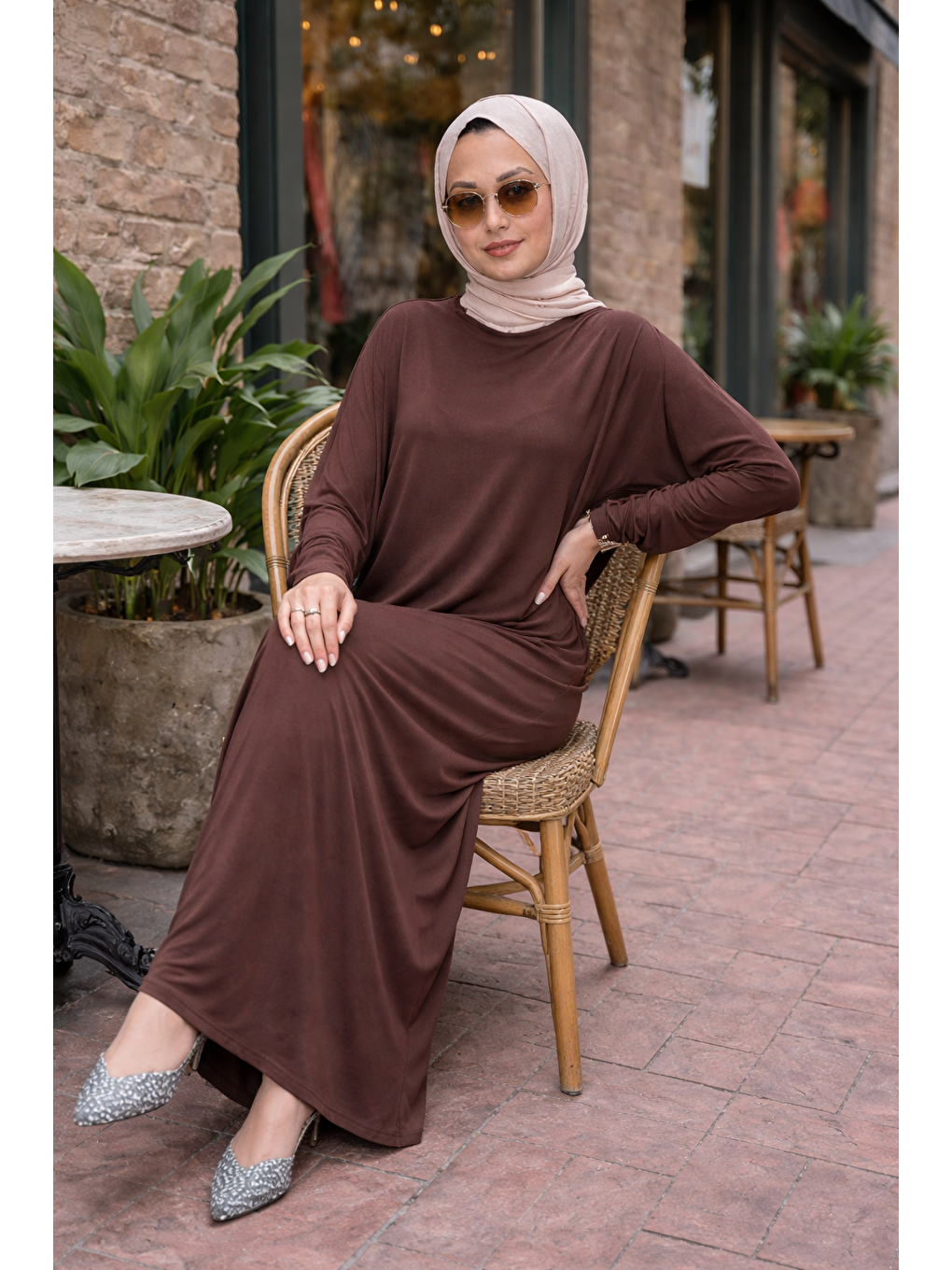 Kahverengi Kadın Premium Comfort Uzun Kahve Namaz Elbisesi-4
