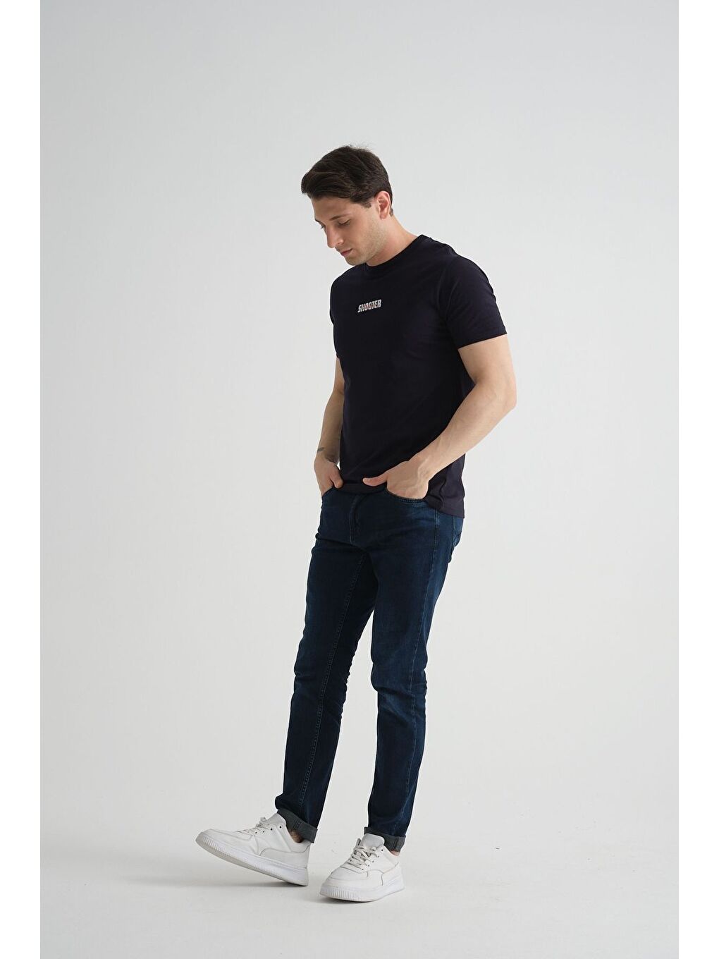 Lacivert Shooter Erkek T-Shirt Minimal Baskılı Pamuklu Kumaş Standart Kalıp-2