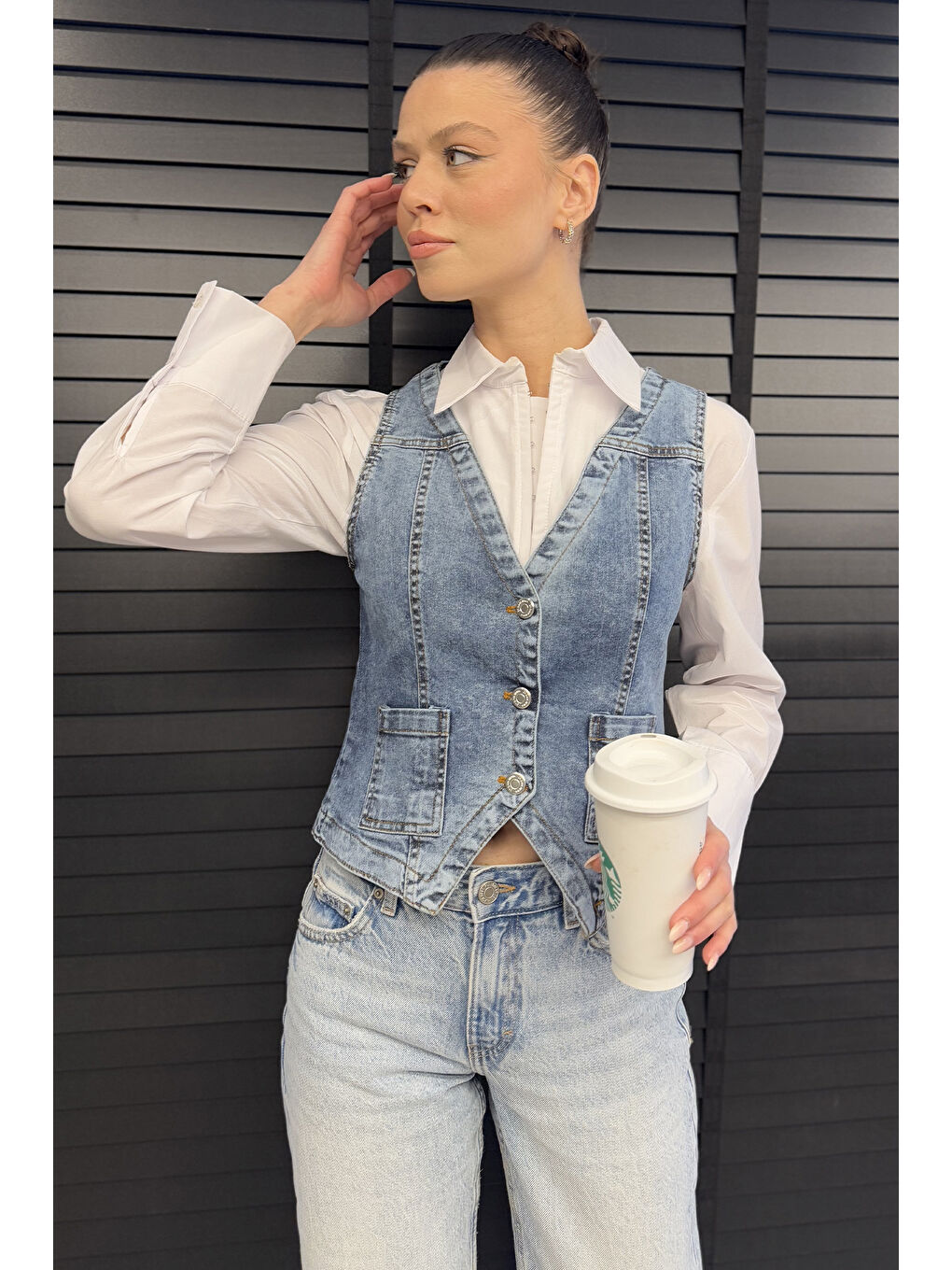 Lacivert Kadın Cepli Jean Yelek-1