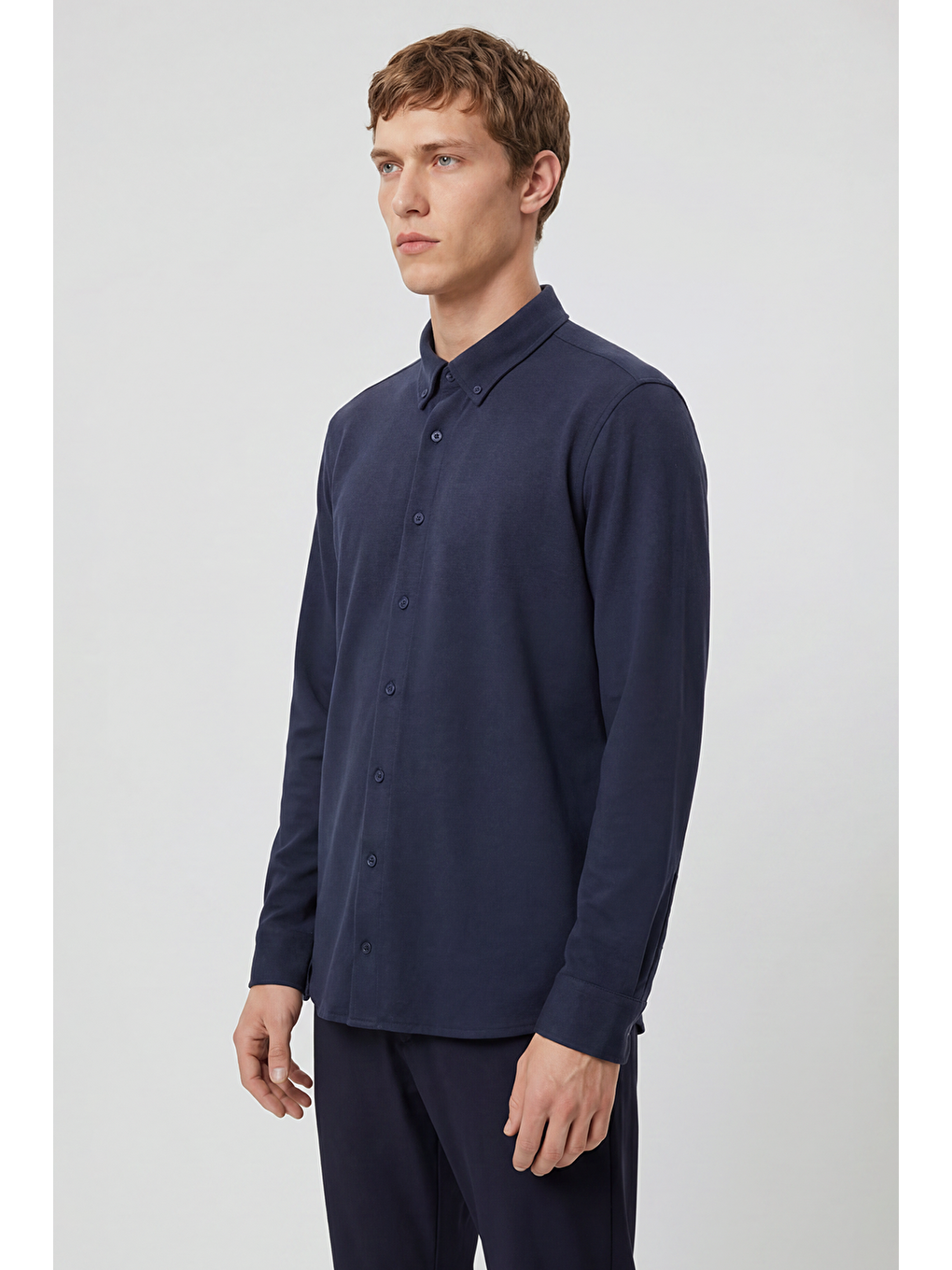 Lacivert Pamuklu Dar Kesim Örme Gömlek-2