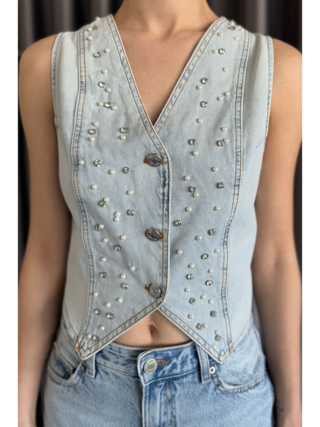 Mavi Kadın Taşlı Jean Yelek-3