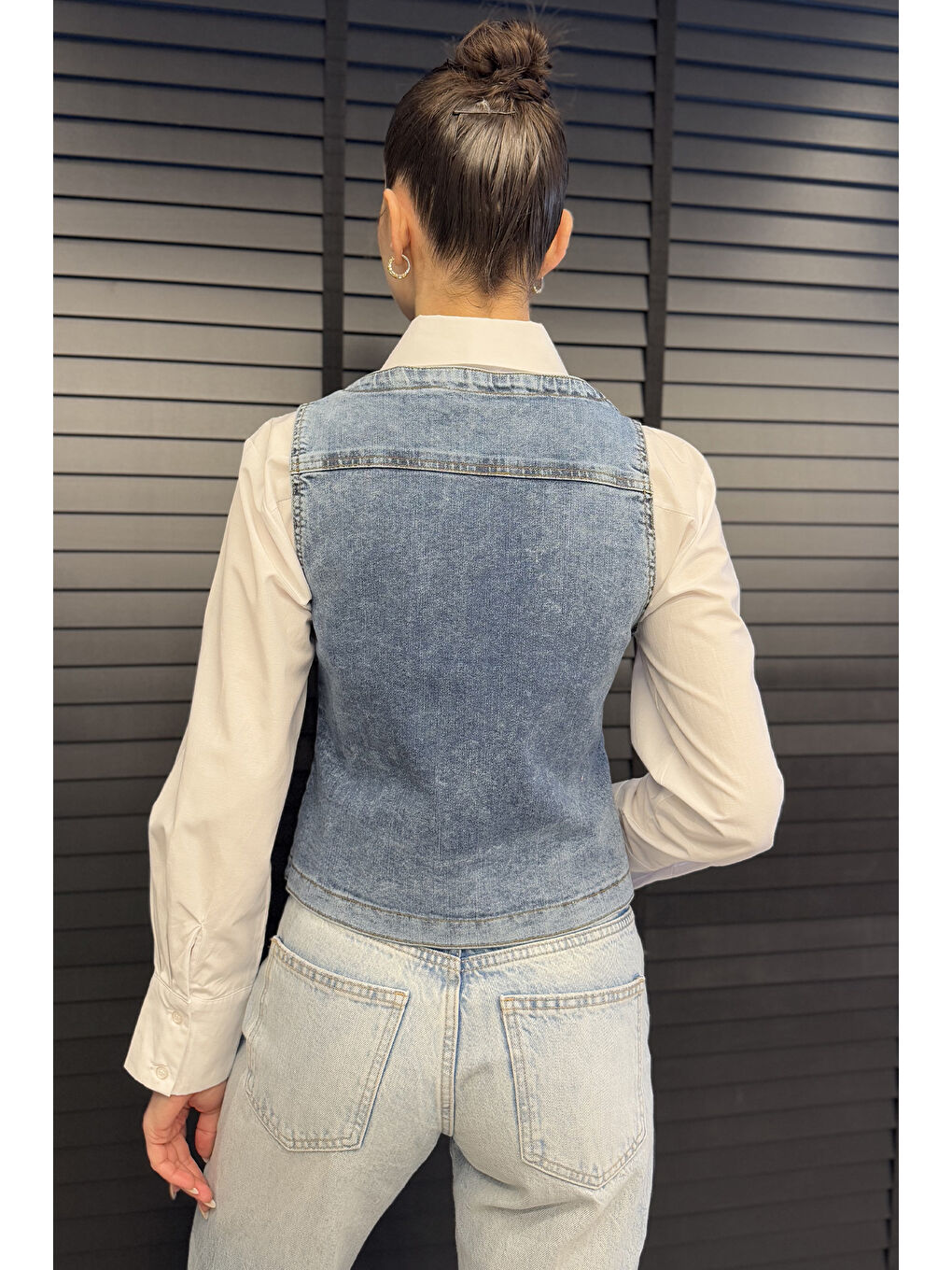 Lacivert Kadın Cepli Jean Yelek-2