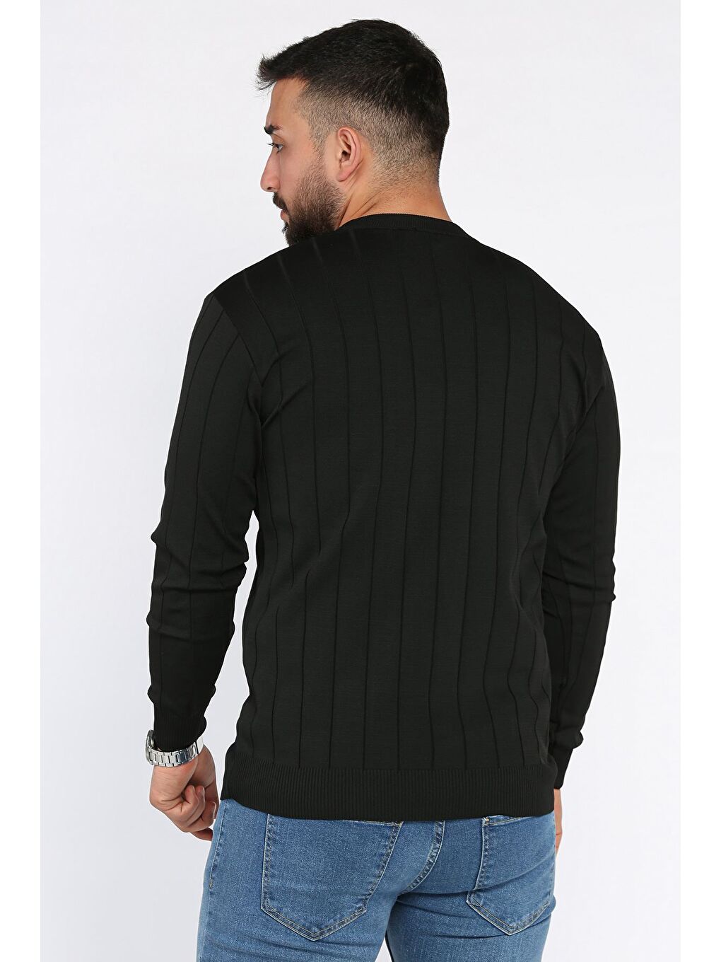 Siyah Bisiklet Yaka Desenli Erkek Triko Kazak-2