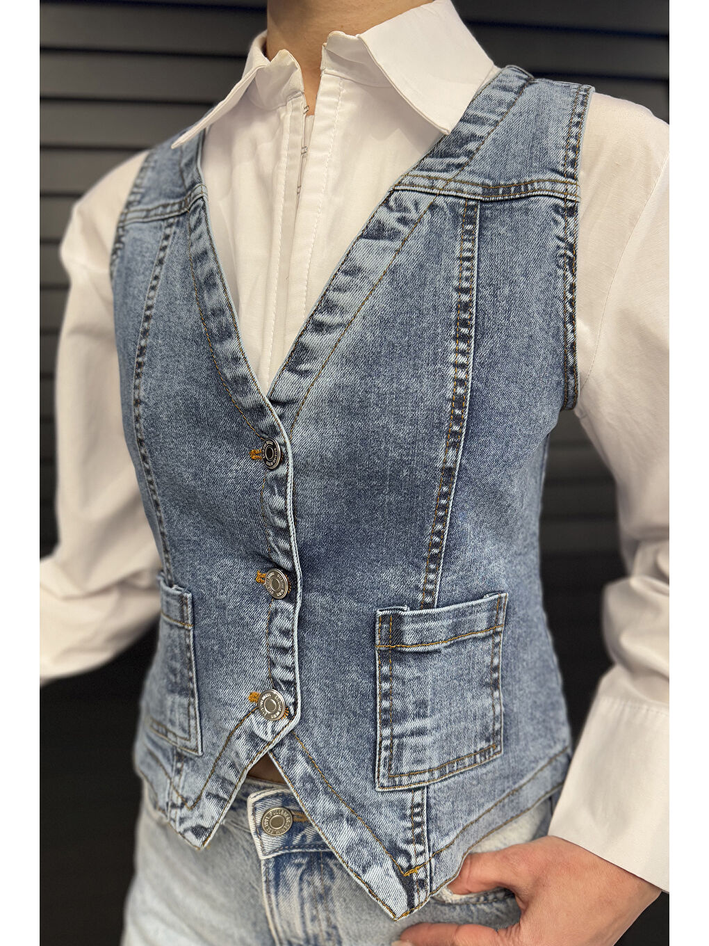 Lacivert Kadın Cepli Jean Yelek-3