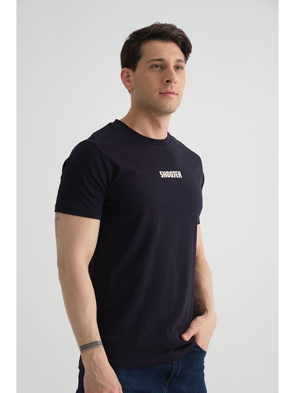 Lacivert Shooter Erkek T-Shirt Minimal Baskılı Pamuklu Kumaş Standart Kalıp-3