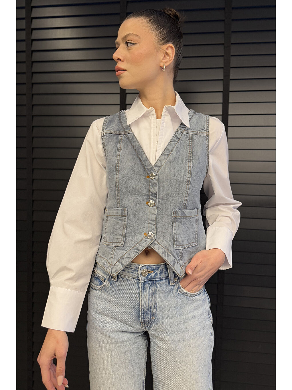 Mavi Kadın Cepli Jean Yelek-1