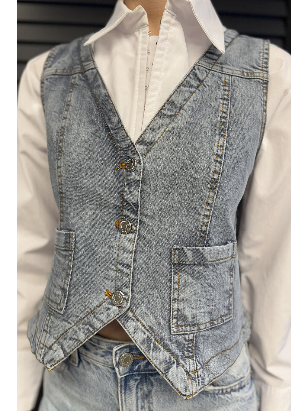 Mavi Kadın Cepli Jean Yelek-3