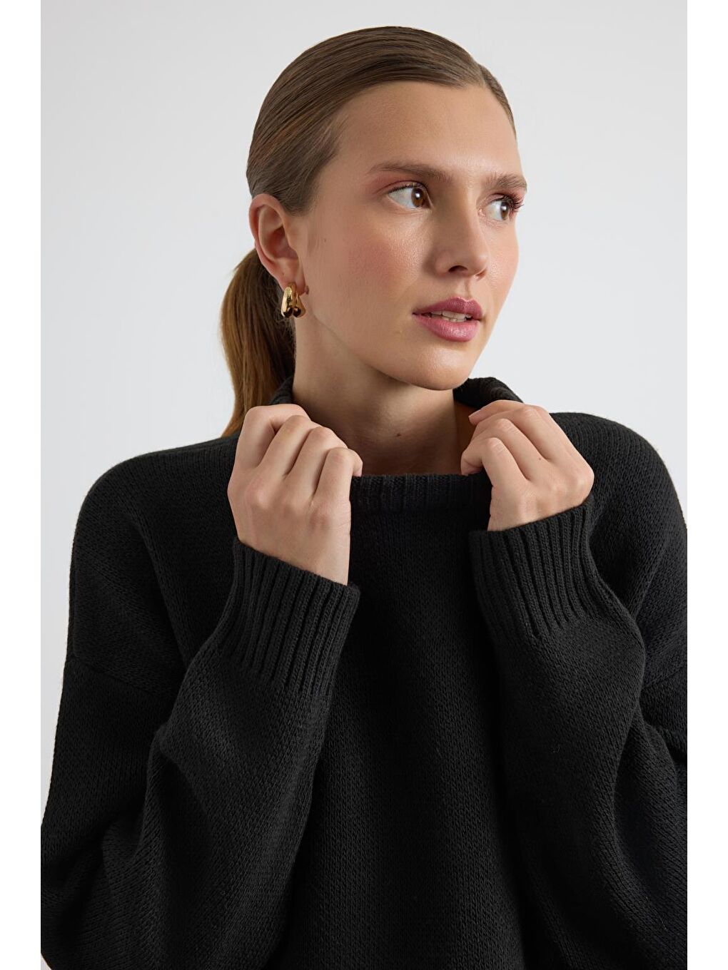 Bisiklet Yaka Basic Triko Kazak Siyah-5