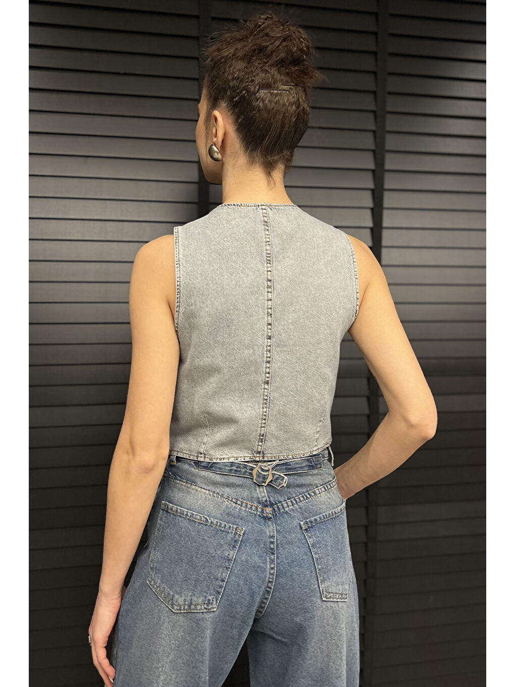 Mavi Kadın Taşlı Jean Yelek-2