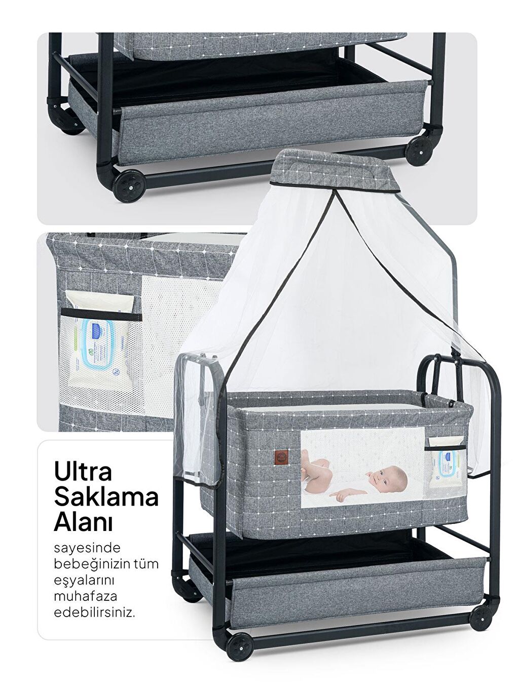 Elegance Cibinlikli Anne Yanı Sallanır Beşik - Gri Standart-3