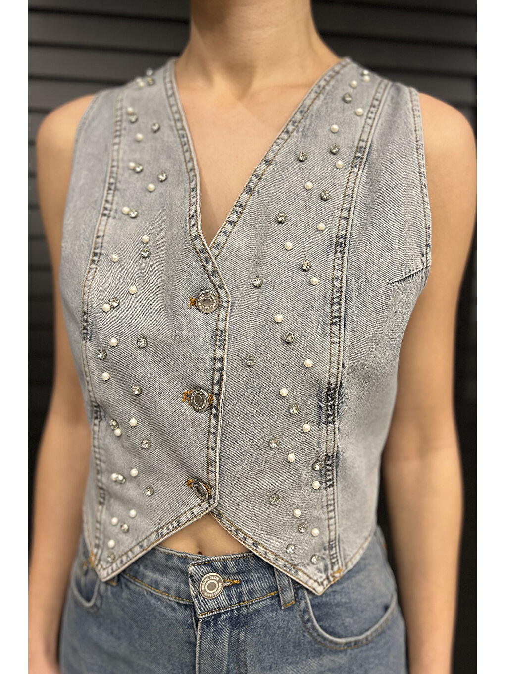 Mavi Kadın Taşlı Jean Yelek-3