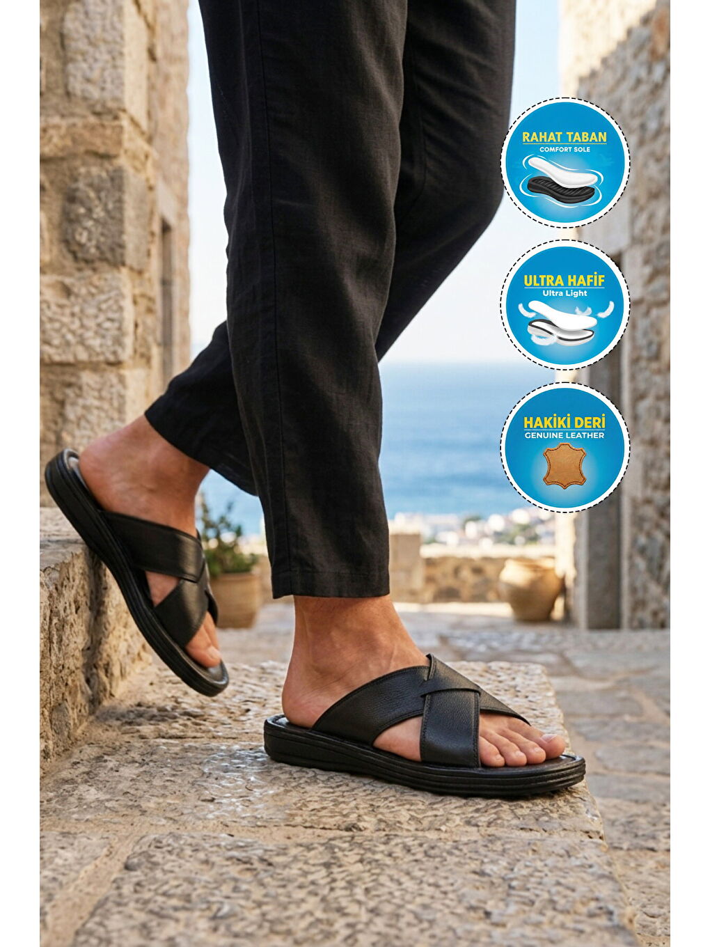 Siyah Yumuşak Taban Hakiki Deri Erkek Terlik 8522 M-2