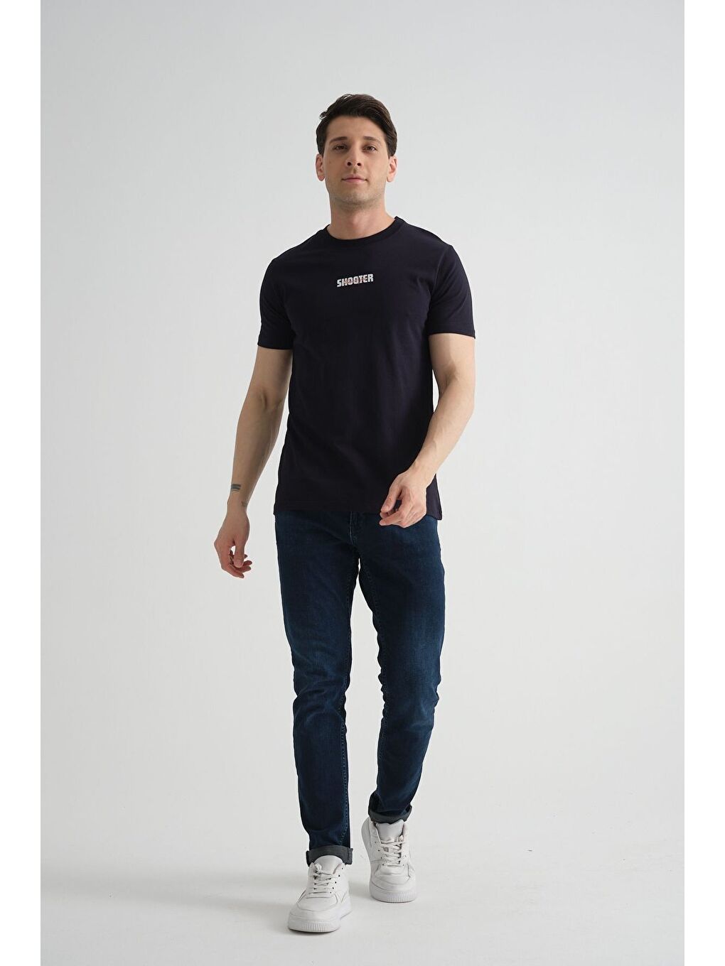 Lacivert Shooter Erkek T-Shirt Minimal Baskılı Pamuklu Kumaş Standart Kalıp-5
