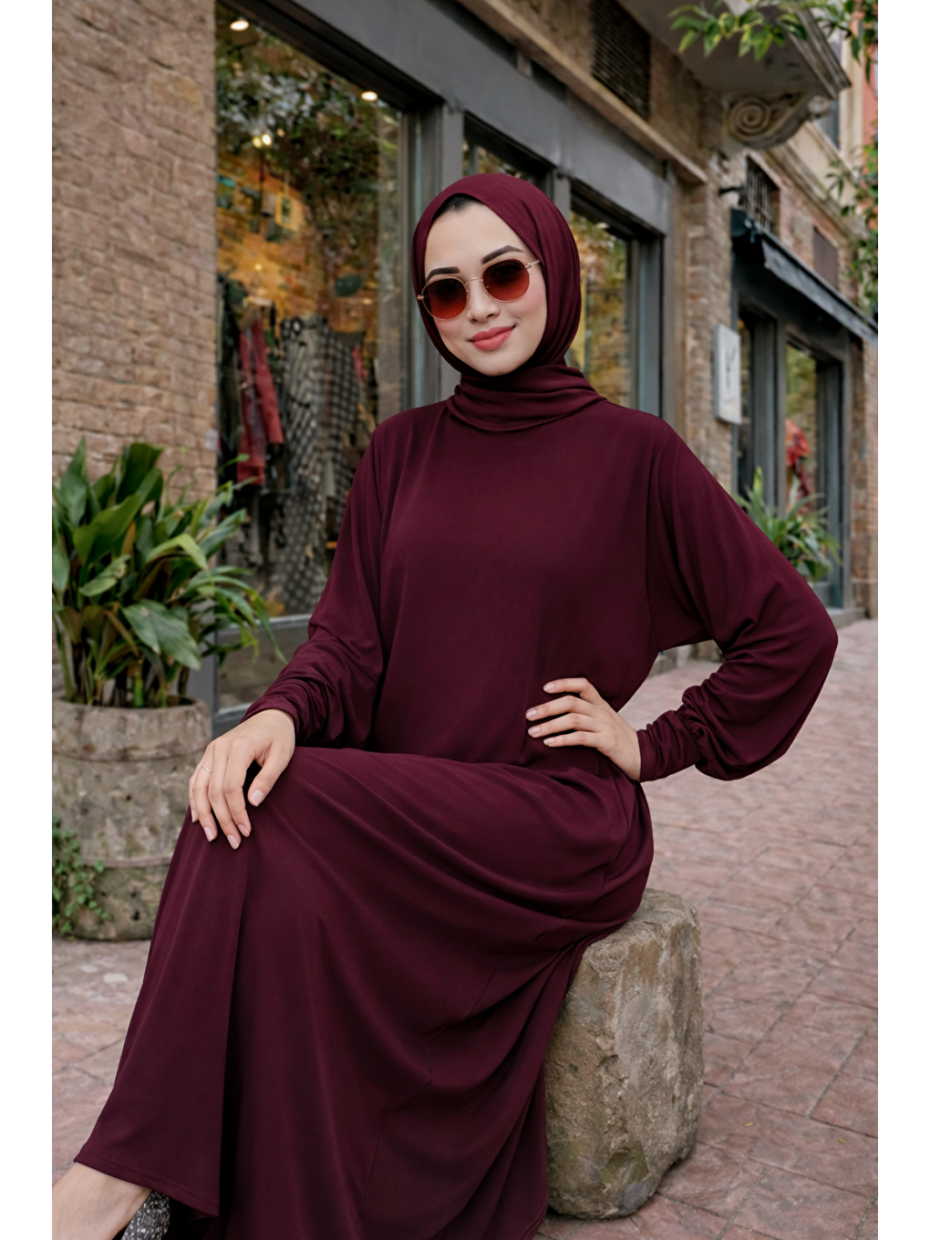 Kadın Premium Comfort Uzun Bordo Namaz Elbisesi-3