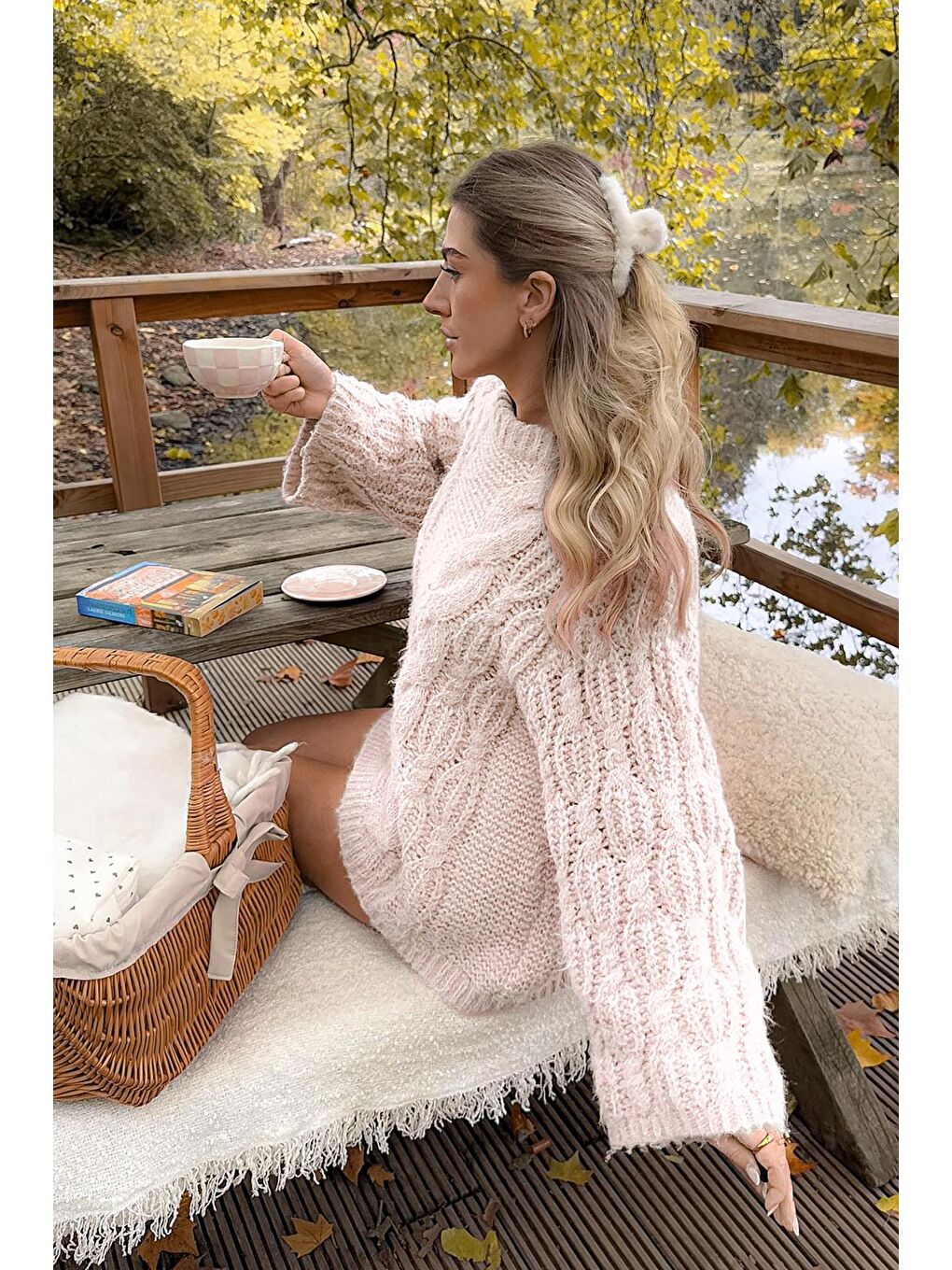 Ekru Bisiklet Yaka Örgü Desen Kadın Triko Kazak Mg2601-4