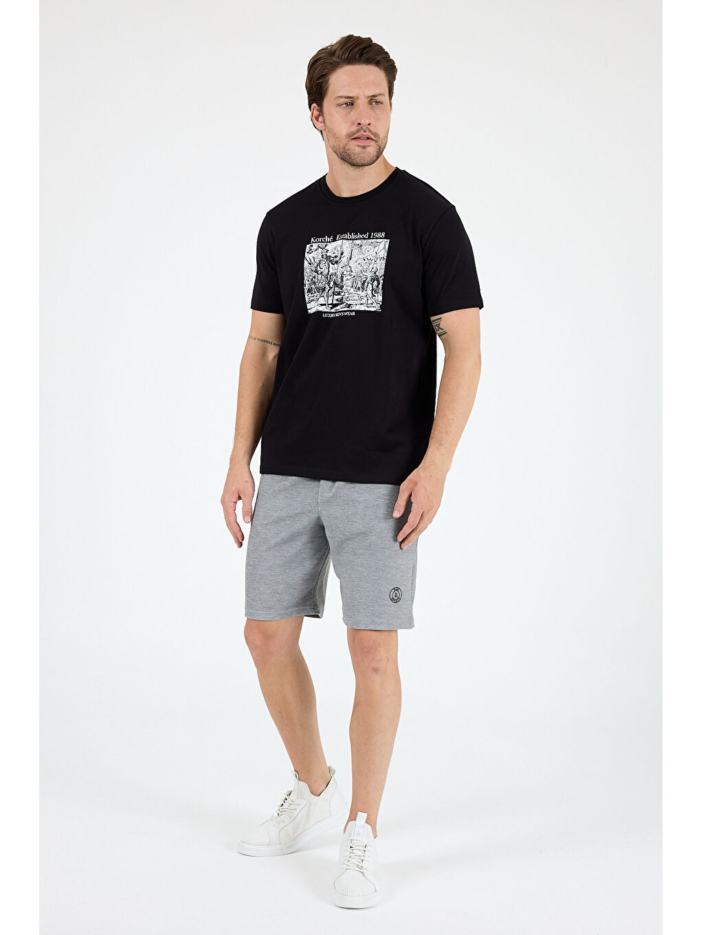 Siyah Bisiklet Yaka Baskılı Penye Erkek %100 Pamuk Tişört