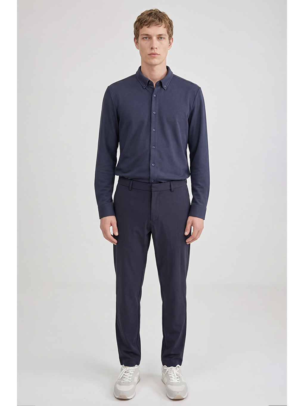 Lacivert Pamuklu Dar Kesim Örme Gömlek-3