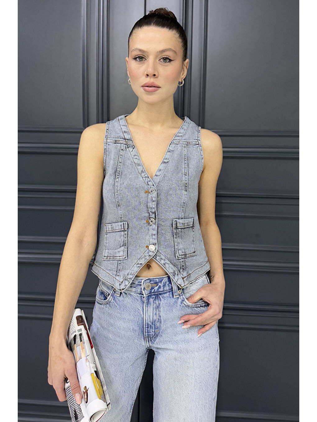 Gri Kadın Cepli Jean Yelek-1