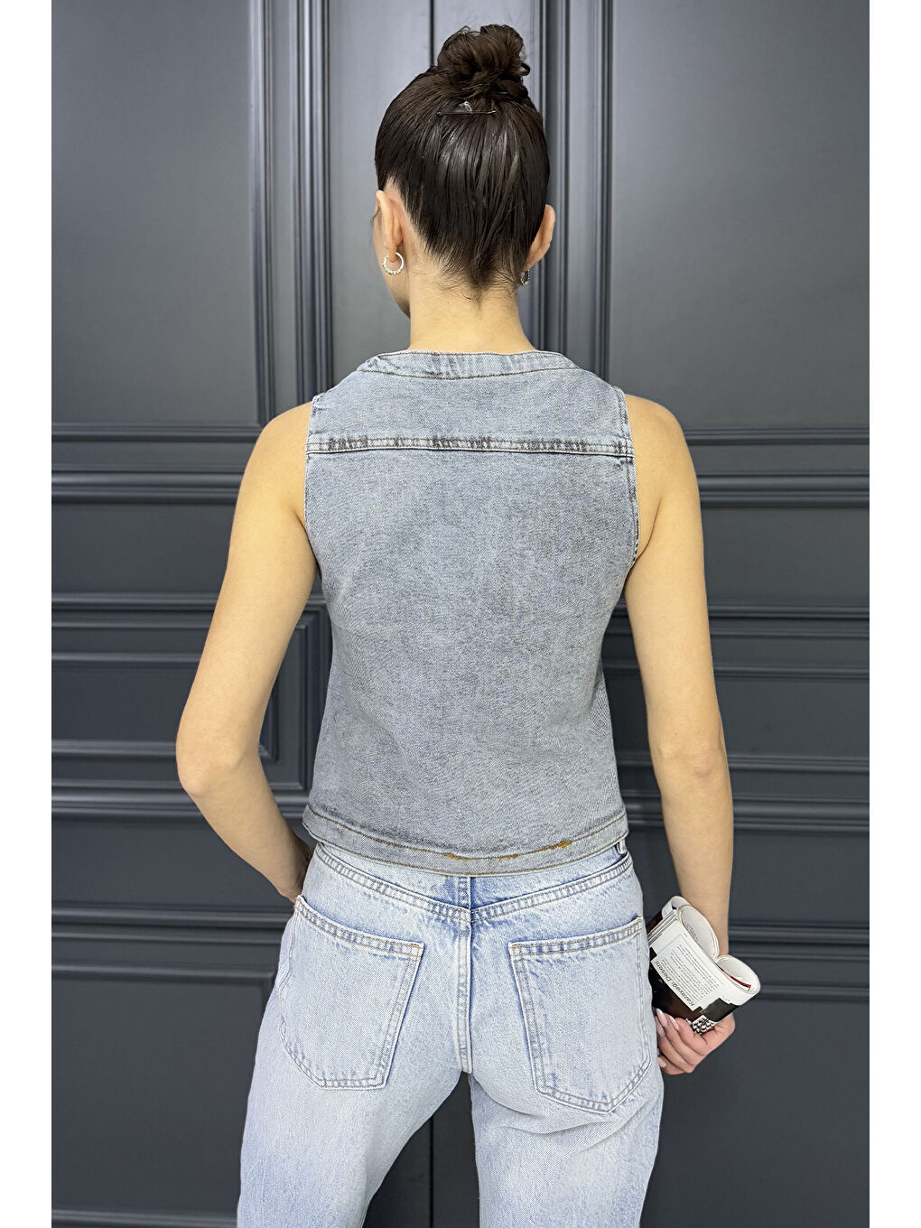 Gri Kadın Cepli Jean Yelek-2