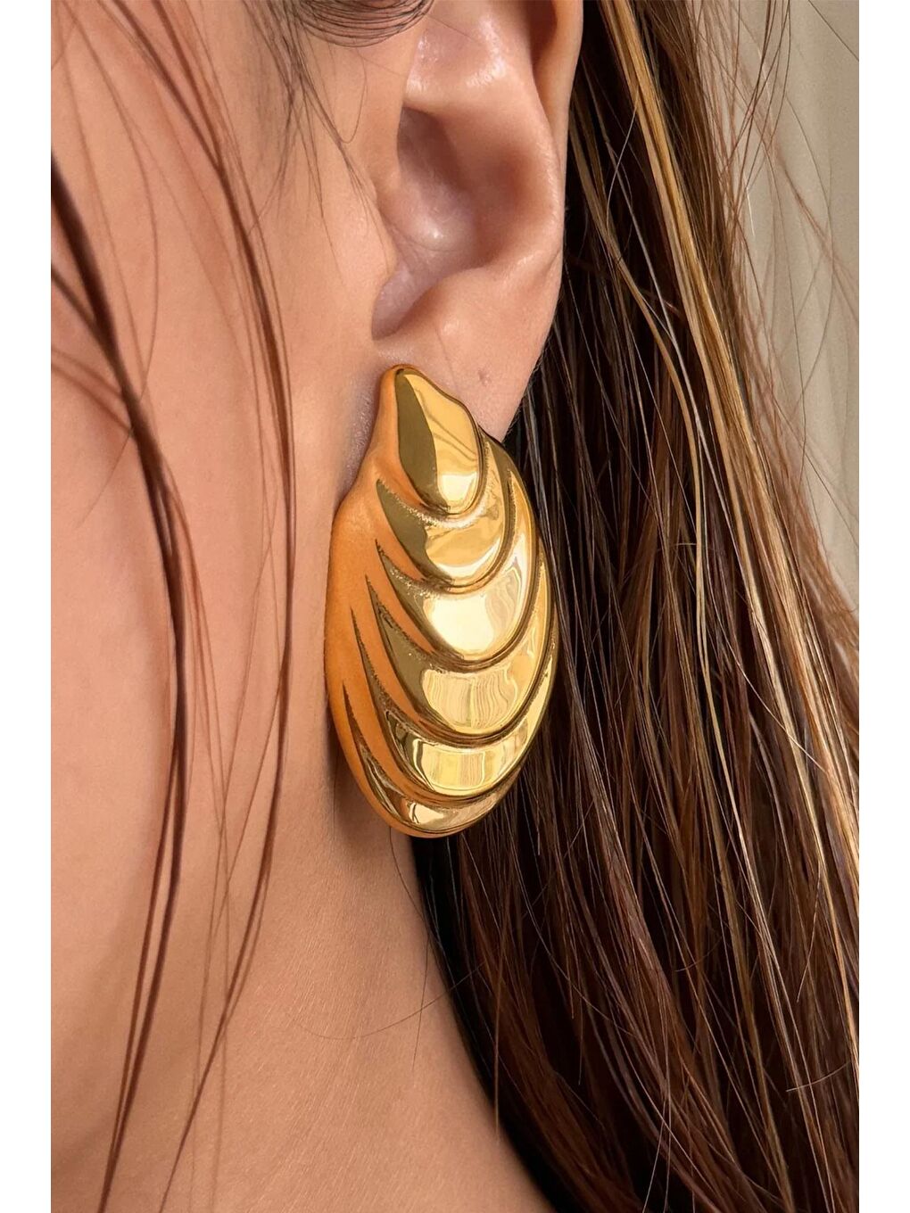 Sarı Midye Gold Kadın Çelik Küpe-5