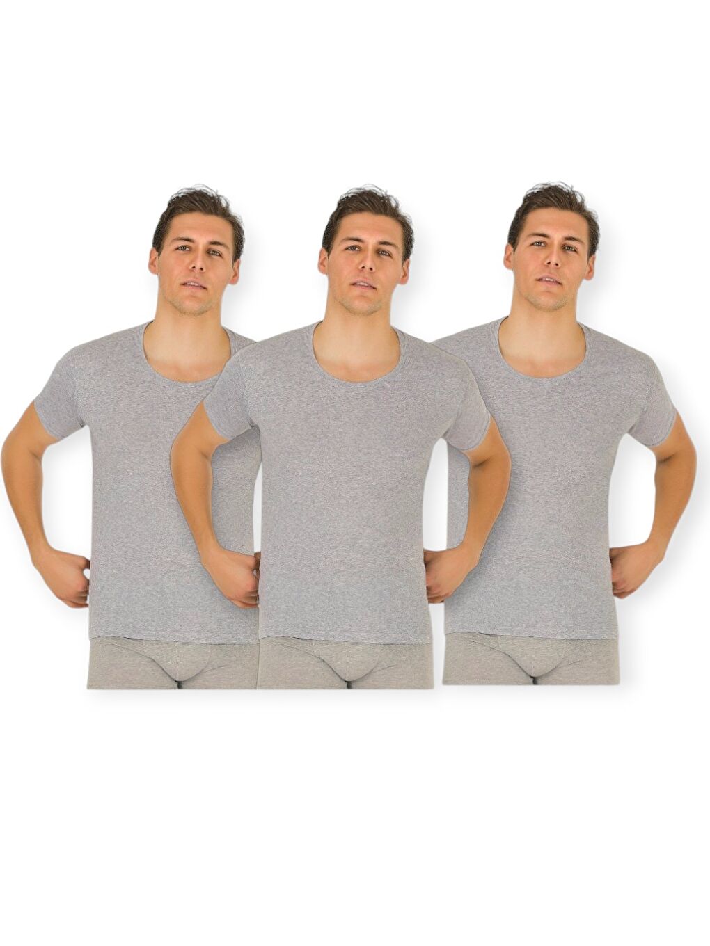 Gri Erkek Bisiklet Yaka Kısa Kol %100 Pamuk Atlet 3'lü
