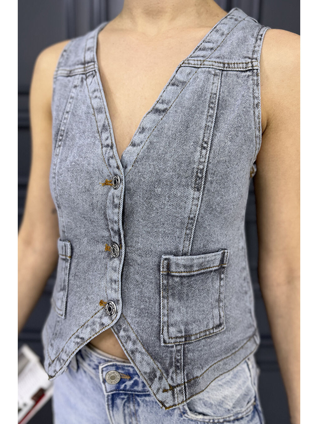 Gri Kadın Cepli Jean Yelek-3