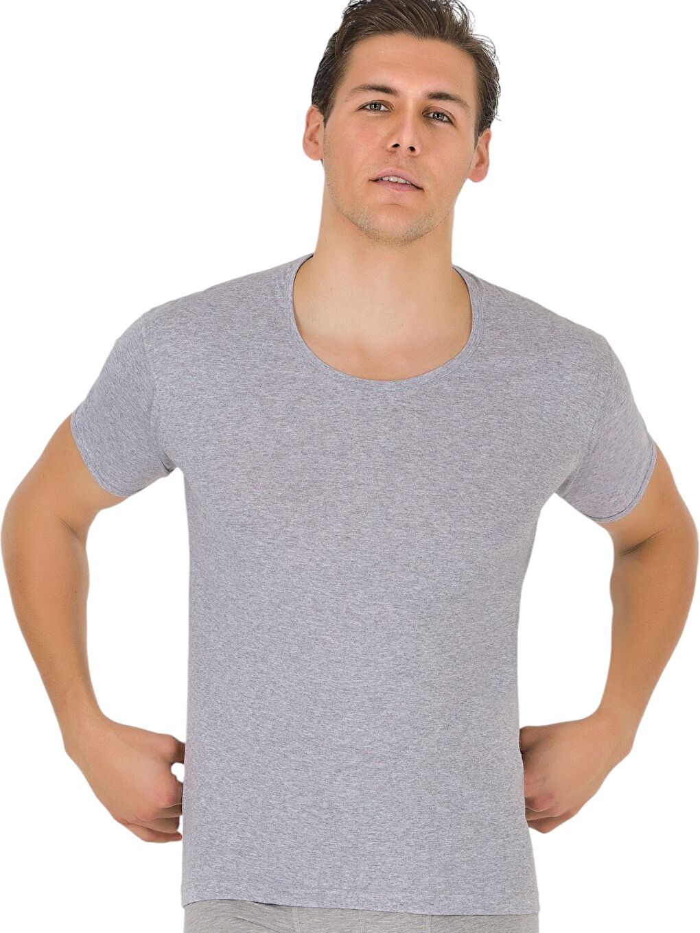 Gri Erkek Bisiklet Yaka Kısa Kol %100 Pamuk Atlet 3'lü-1