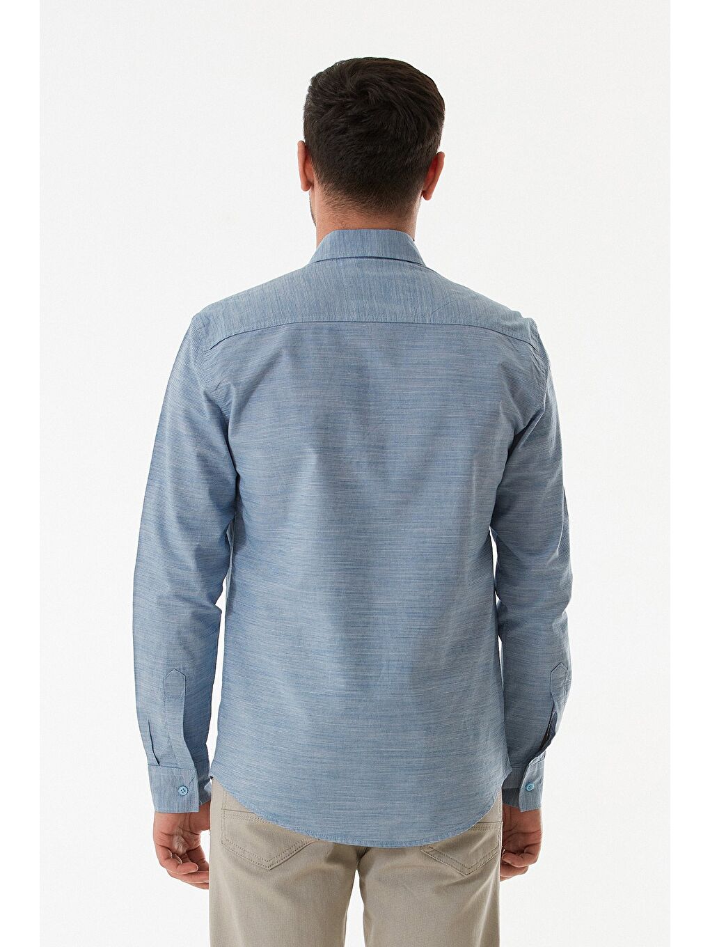 İndigo Çizgili Düğmeli Gömlek-3