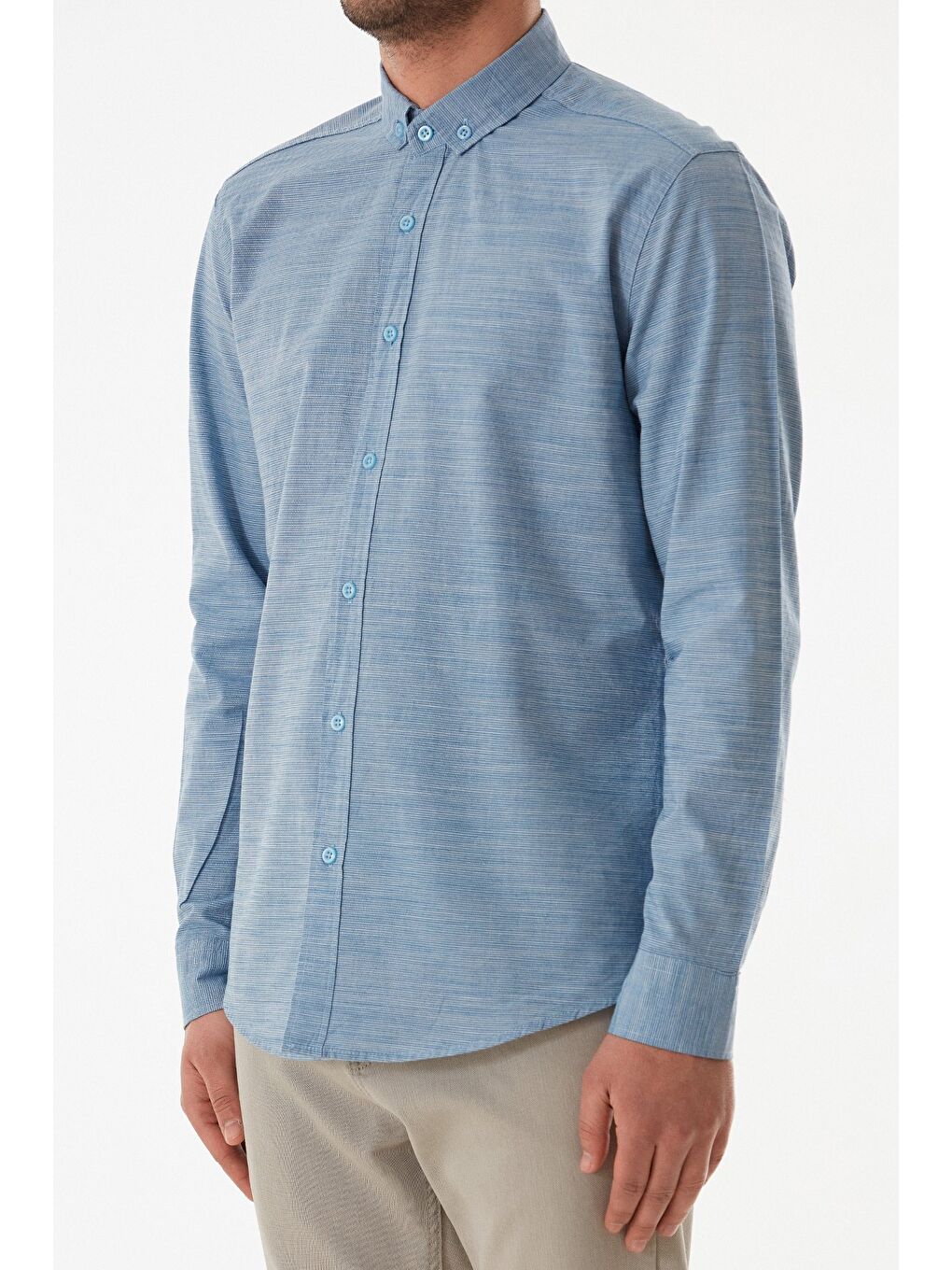 İndigo Çizgili Düğmeli Gömlek-4