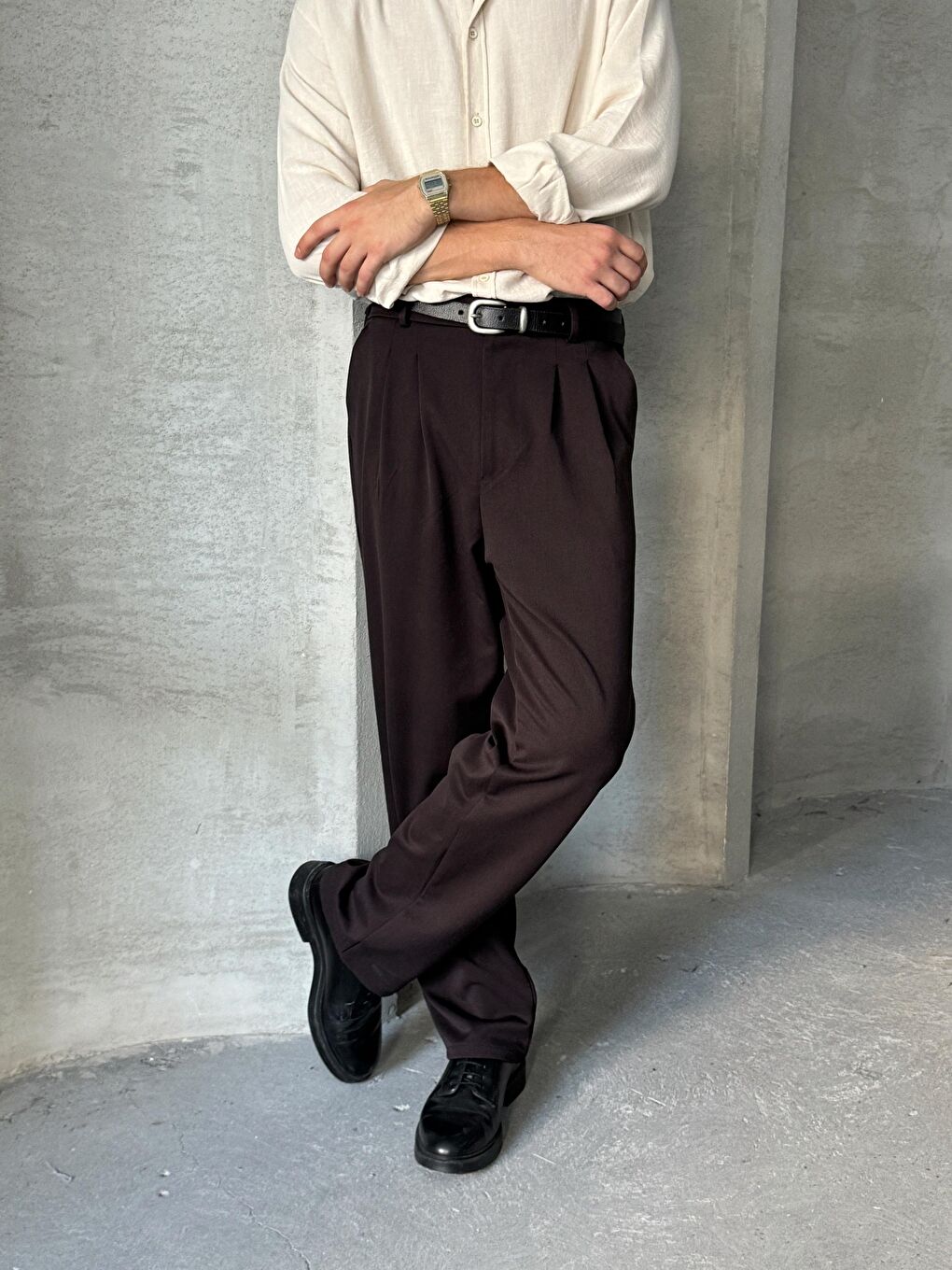 Kahverengi Erkek Pileli Baggy Kalıp Kumaş Pantolon