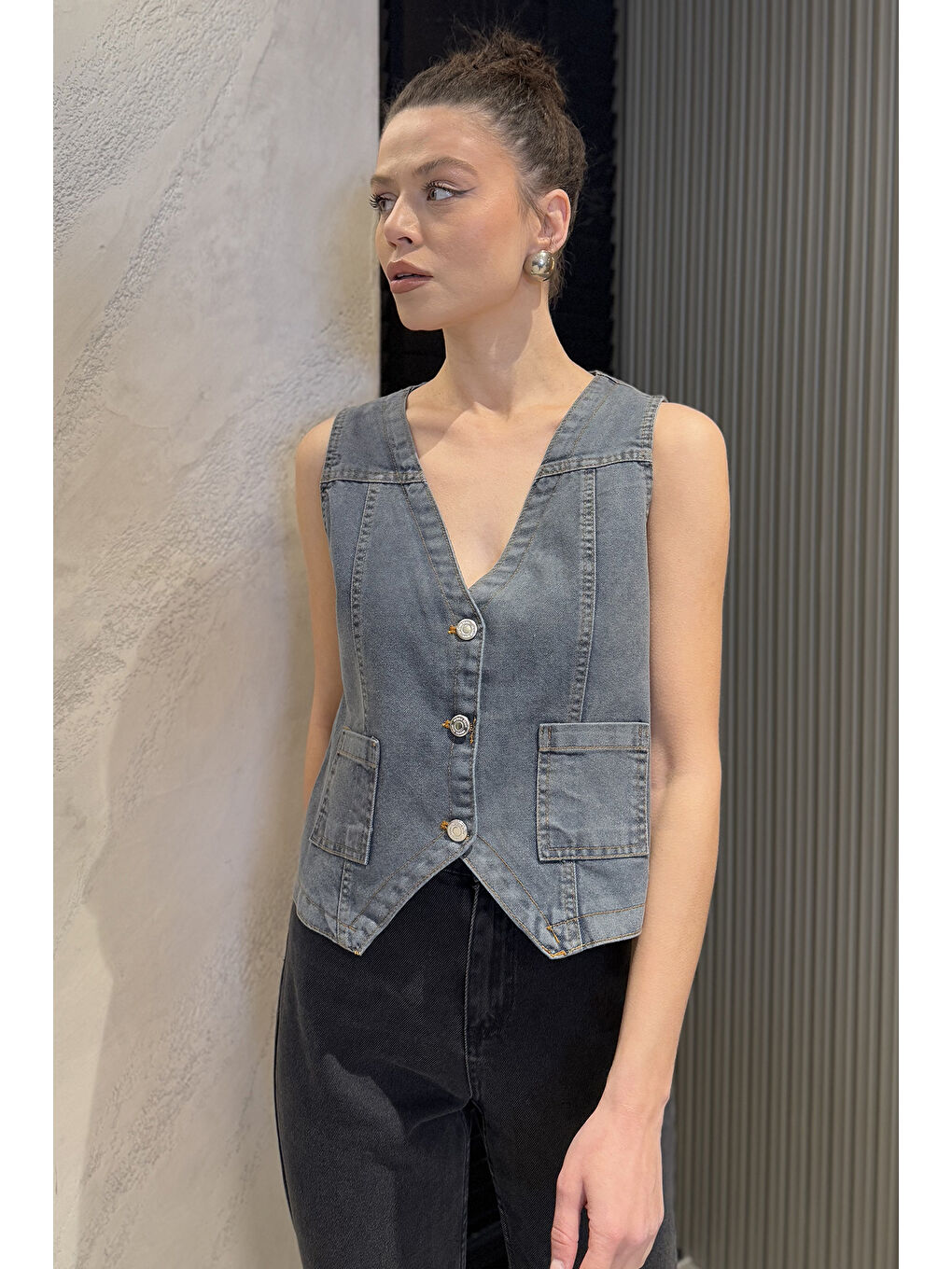 Mavi Kadın Cepli Jean Yelek