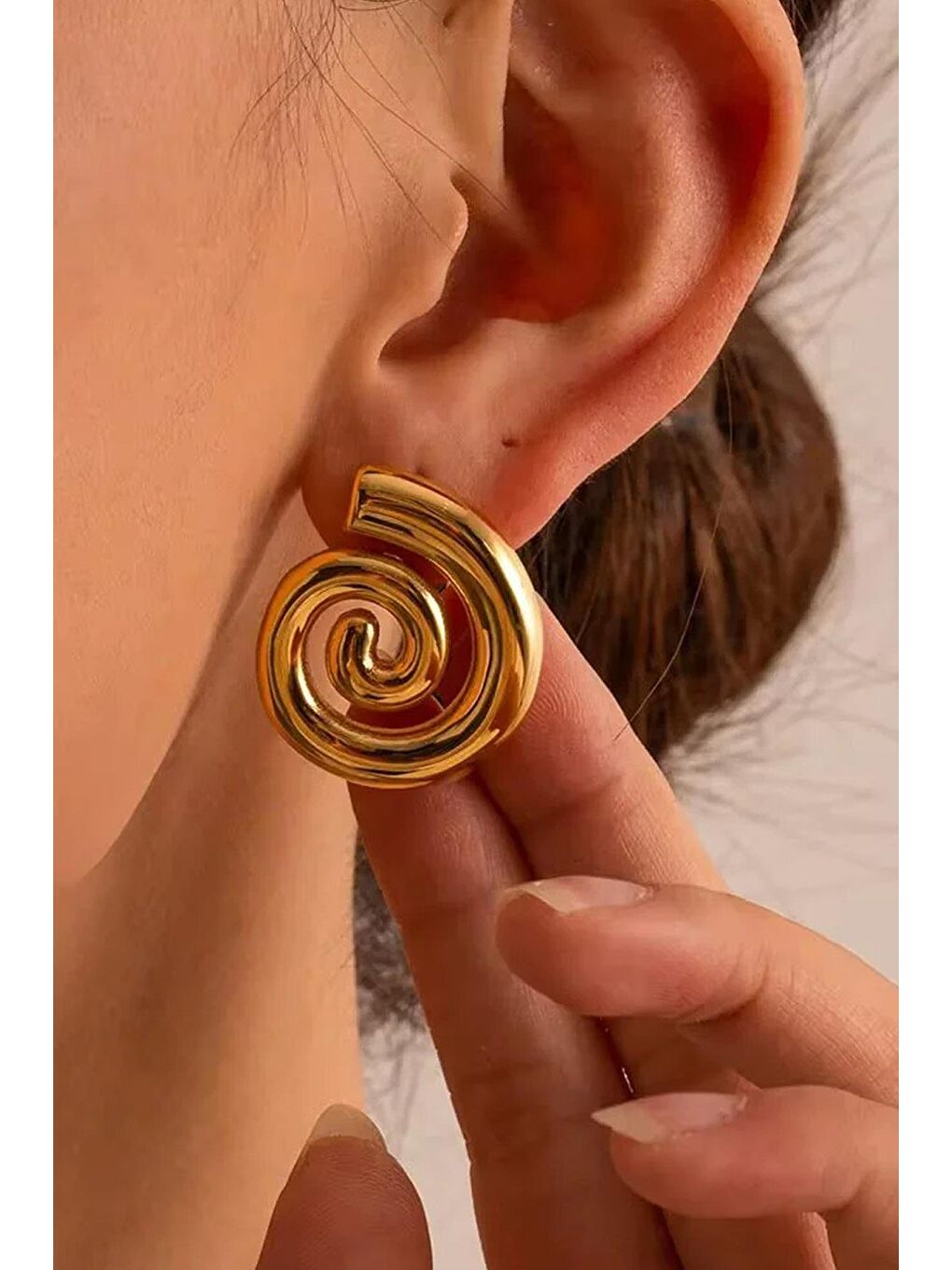 Sarı Döngü Gold Kadın Çelik Küpe-4