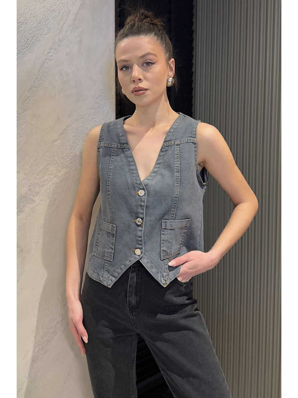 Mavi Kadın Cepli Jean Yelek-1