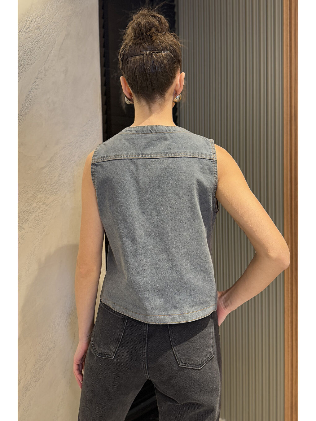 Mavi Kadın Cepli Jean Yelek-2