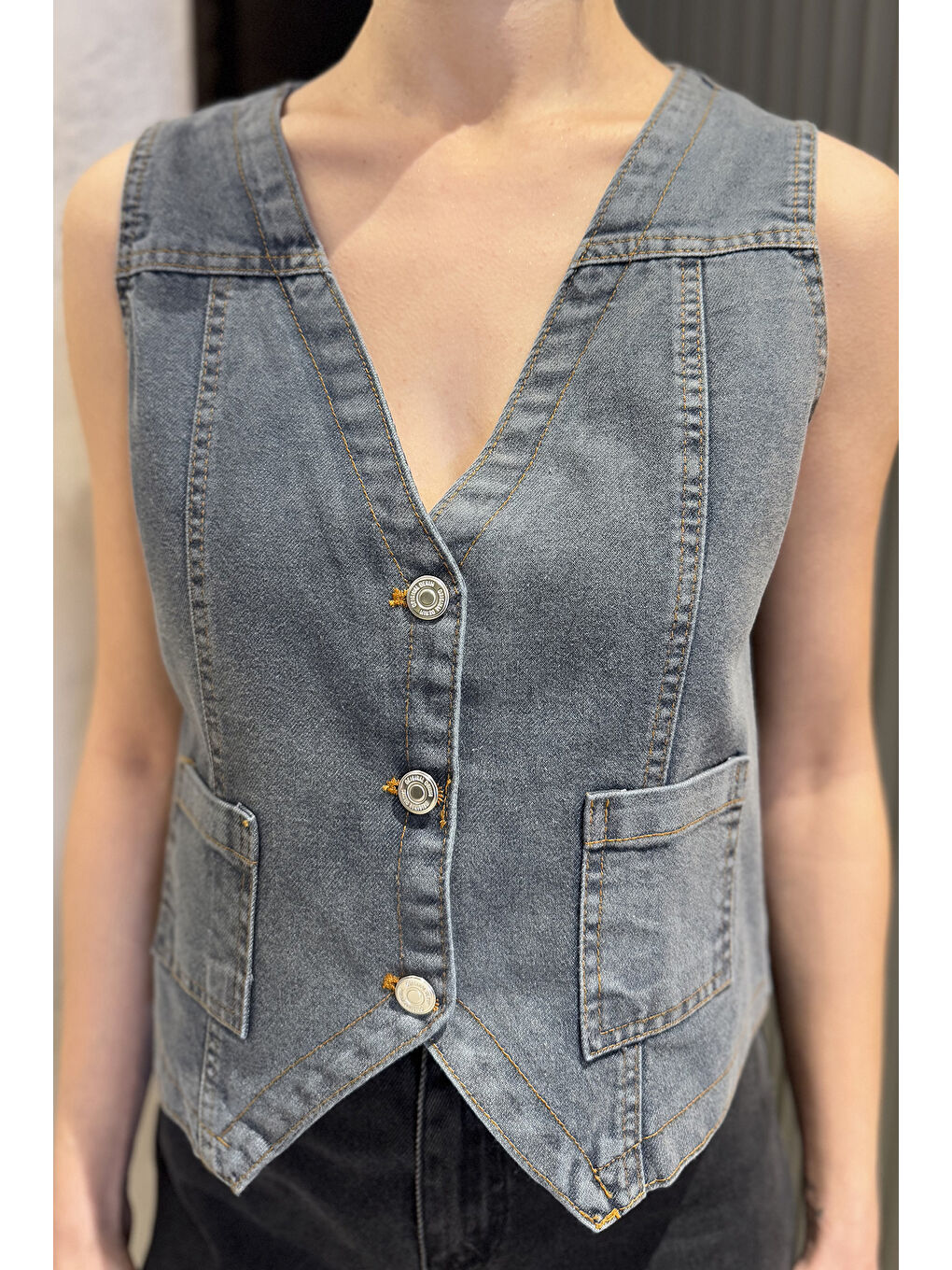 Mavi Kadın Cepli Jean Yelek-3