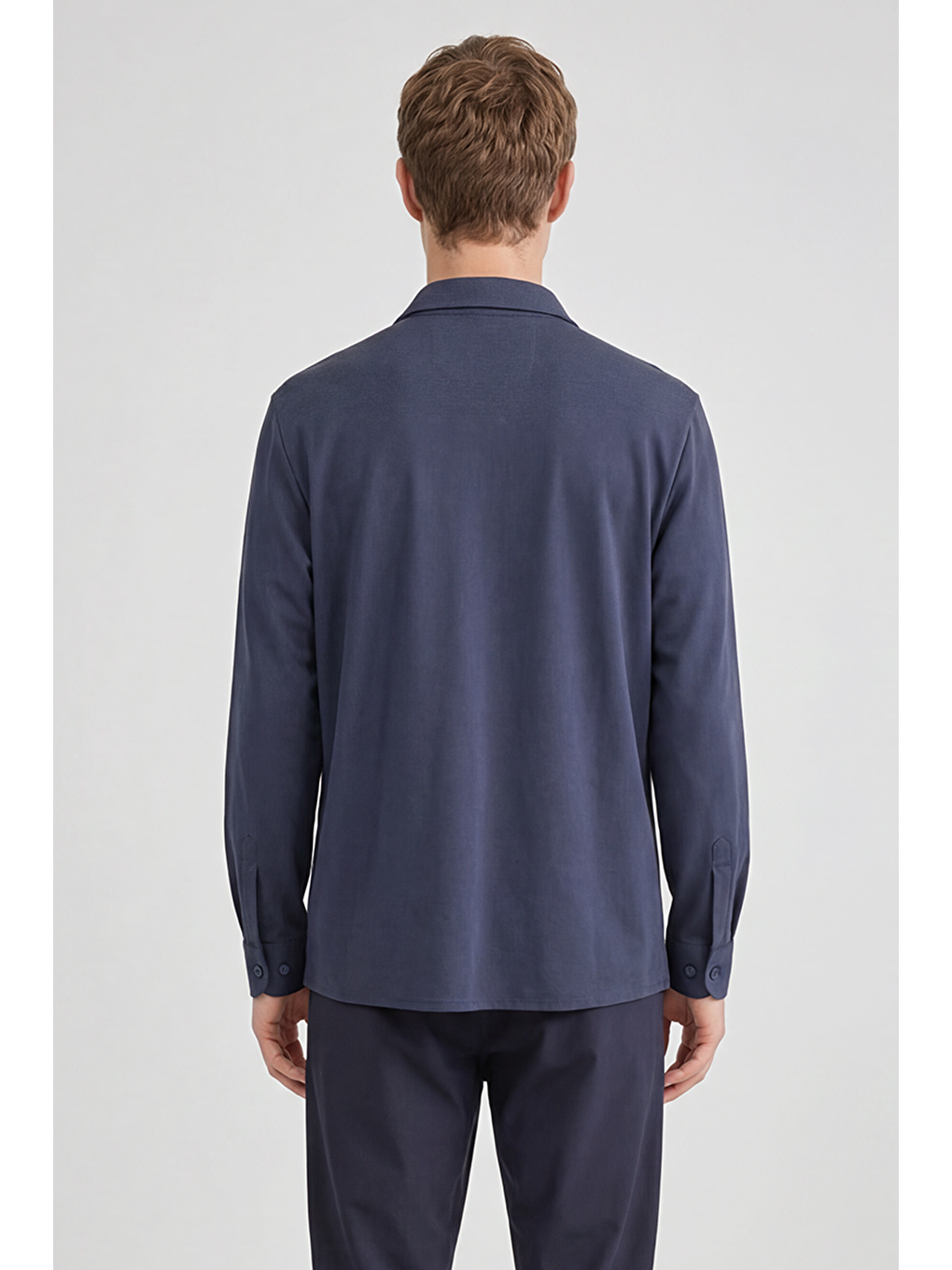 Lacivert Pamuklu Dar Kesim Örme Gömlek-4