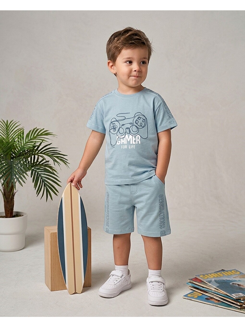 Mavi Erkek Çocuk Yazlık Gamer Baskılı 2-3-4-5-6 Yaş Şort T-shirt İkili Alt Üst Takım-1