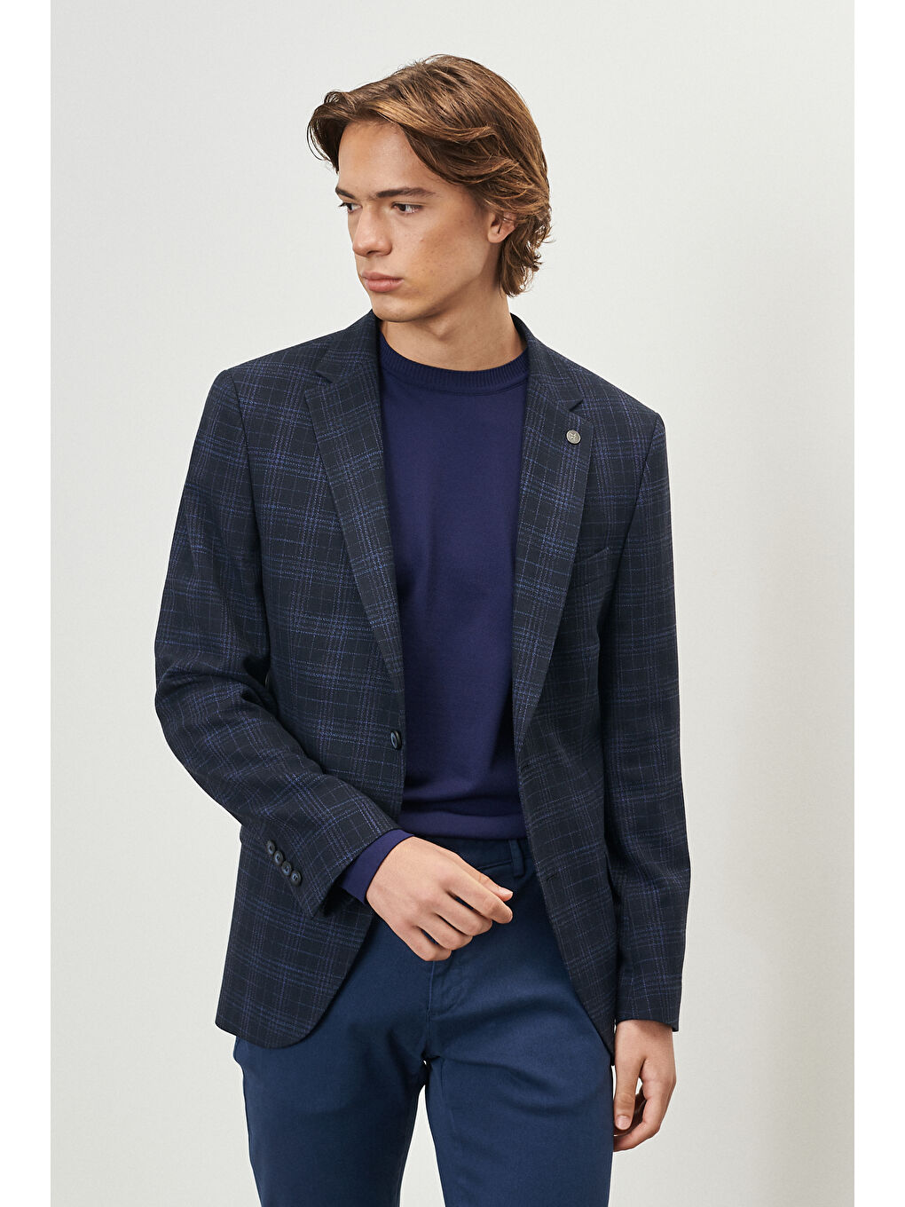 Erkek Lacivert Slim Fit Dar Kesim Mono Yaka Ekose Desenli Ceket