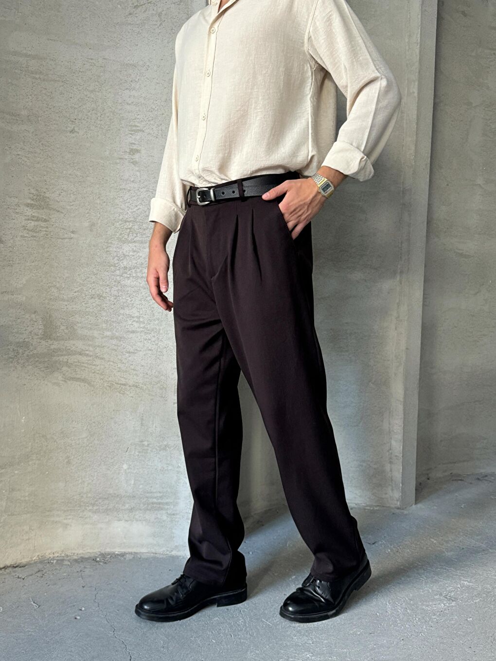 Kahverengi Erkek Pileli Baggy Kalıp Kumaş Pantolon-2