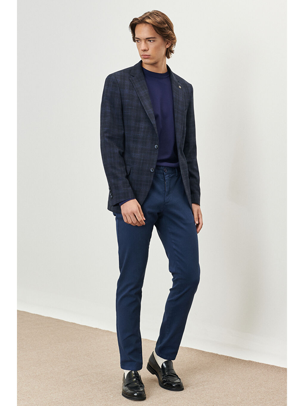 Erkek Lacivert Slim Fit Dar Kesim Mono Yaka Ekose Desenli Ceket-1